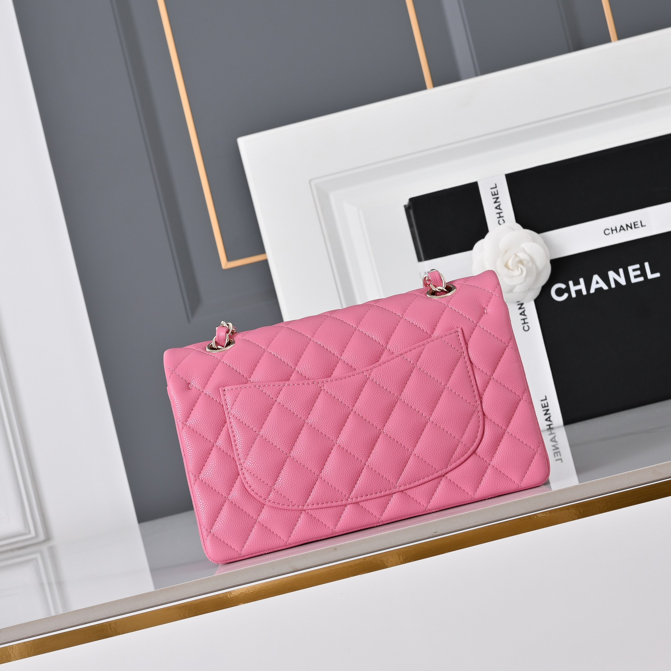 Ch*el classic flap handbag rose with light gold hardware and caviar leather a01113 23x14.5x6cm