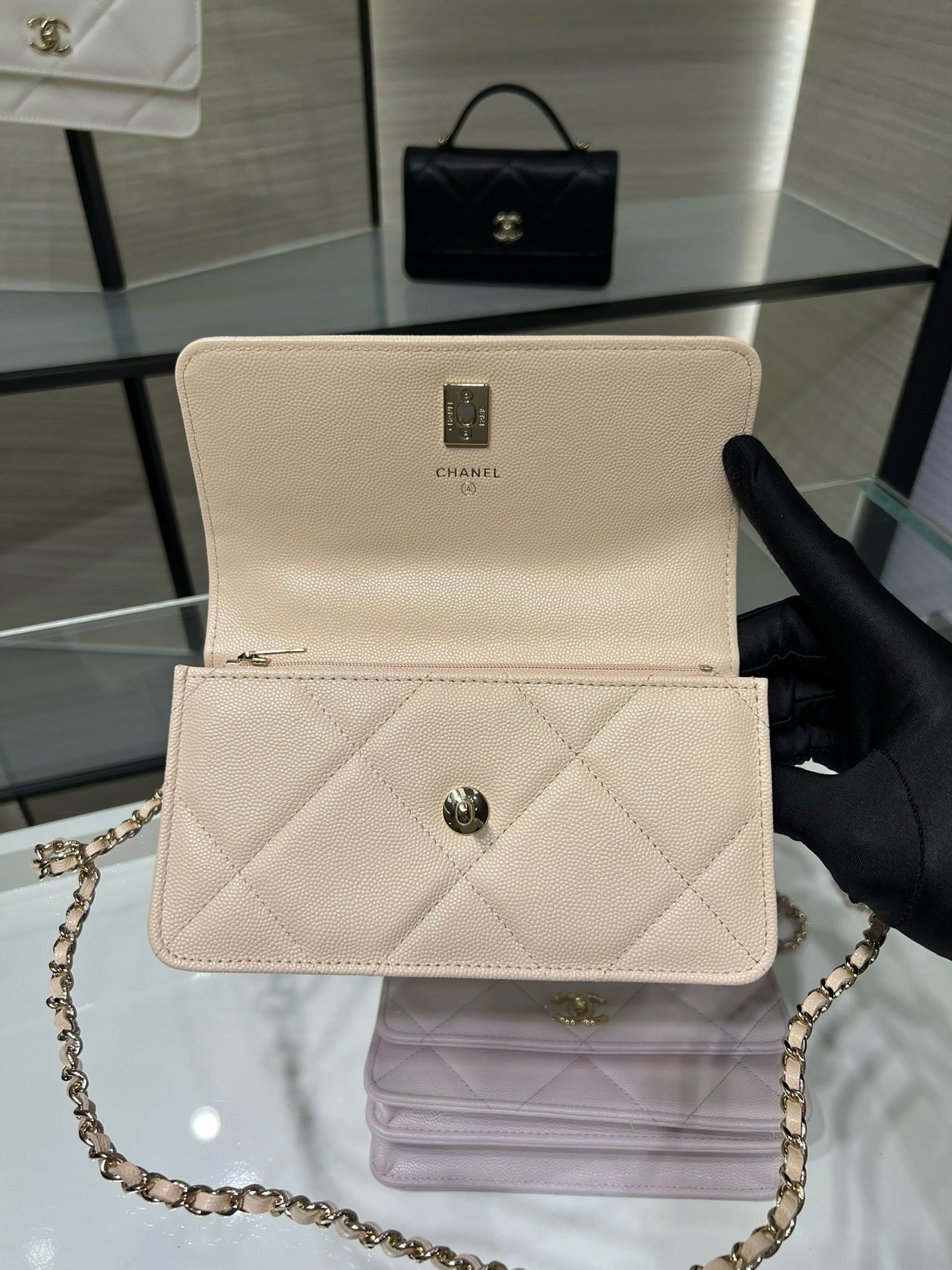 Ch*el flap bag with top handle wallet on chain 11x18.5x6cm