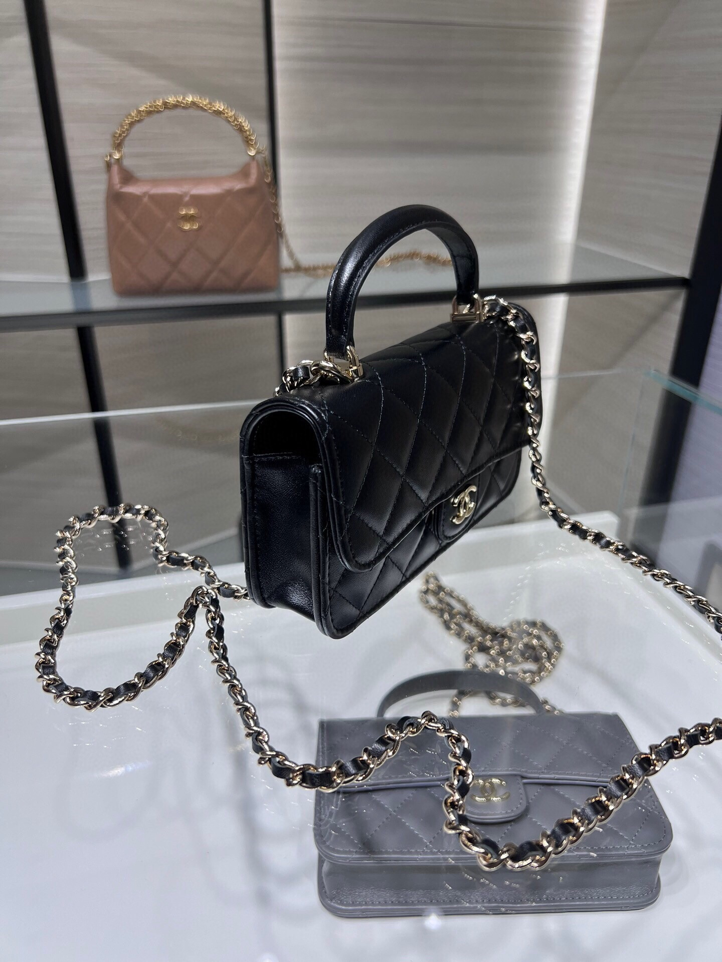 Ch*el classic handbag with top handle light gold buckle 17x9x3cm