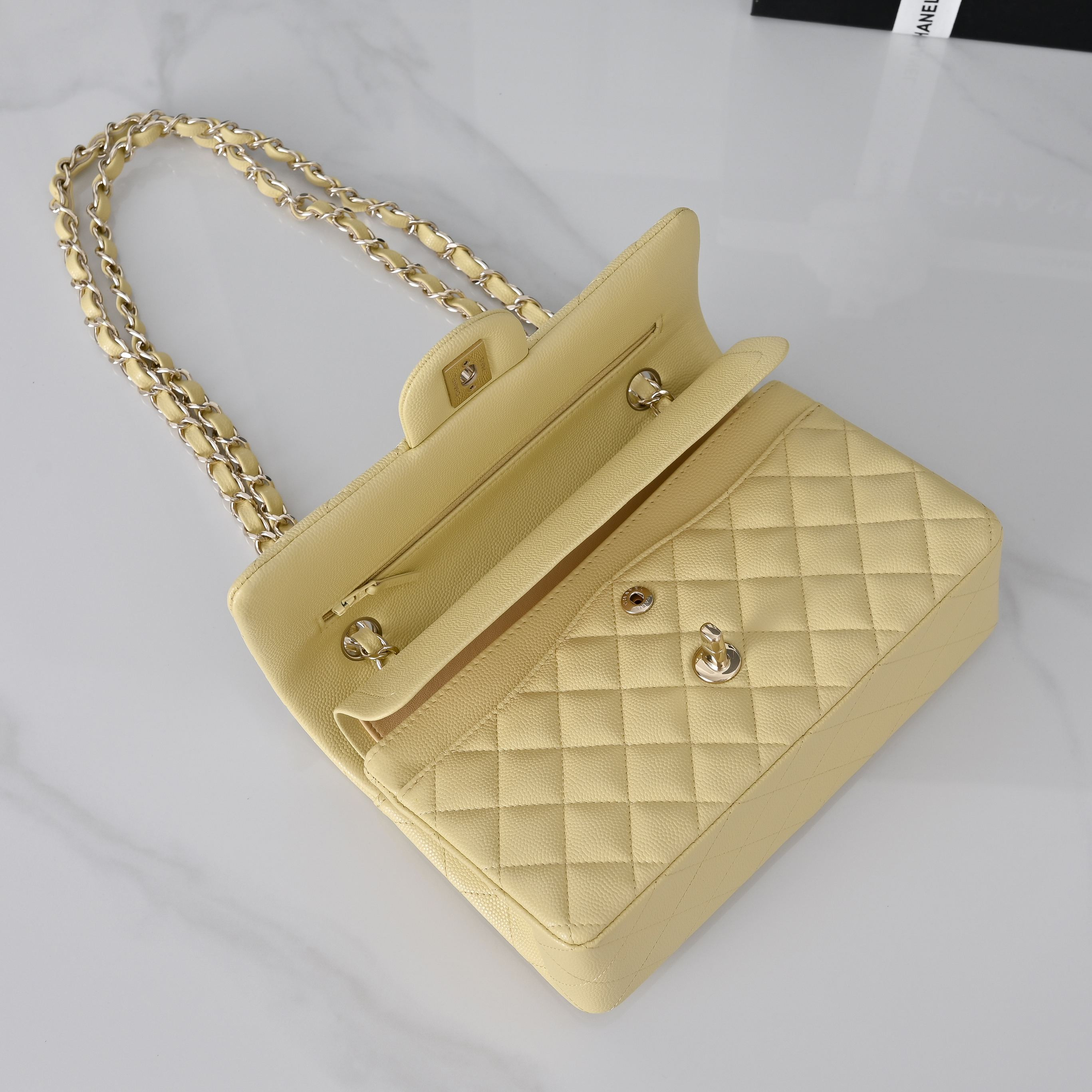 Ch*el classic flap handbag baby yellow with light gold hardware and caviar leather a01113 23x14.5x6cm