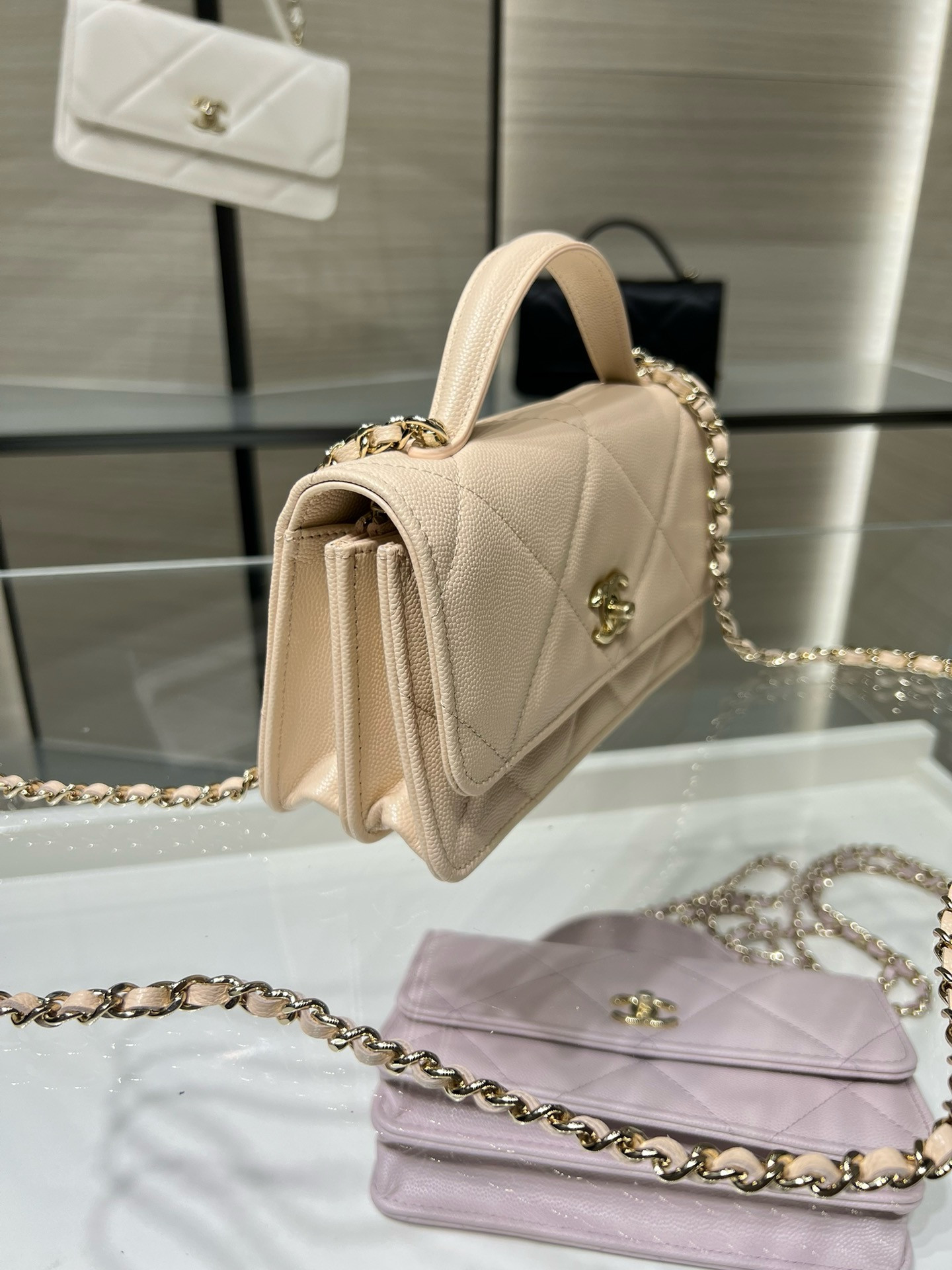 Ch*el flap bag with top handle wallet on chain 11x18.5x6cm
