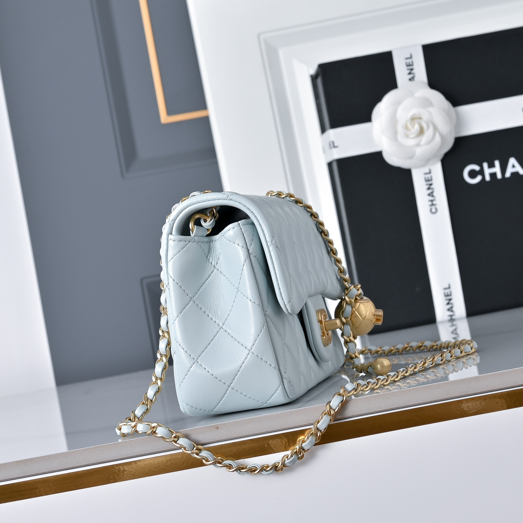 Ch*el flap bag light blue as1787 20x13x7cm