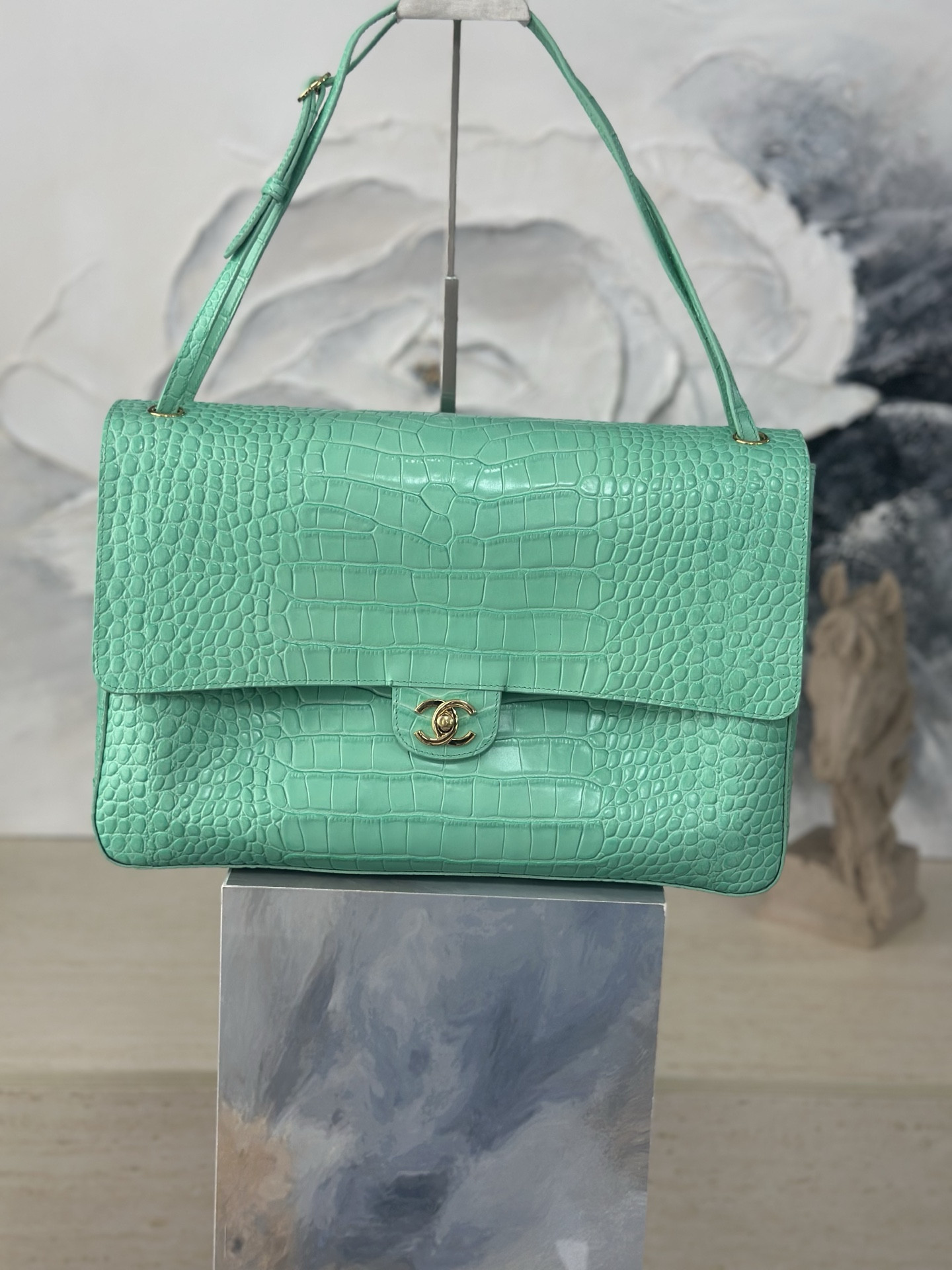 Ch*el maxi flap bag glacier blue gold hardware as6233 26x38.5x11cm