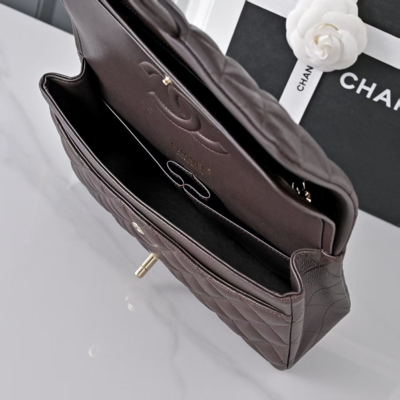 Ch*el classic flap coffee brown light gold hardware a01112 15.5×25.5×6.5cm