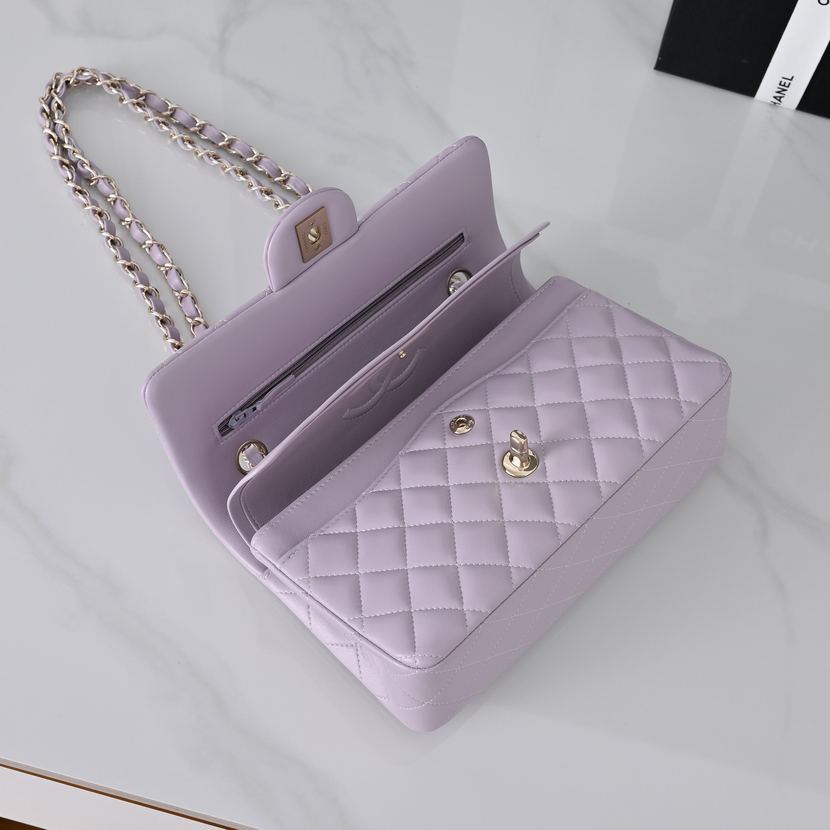 Ch*el classic flap handbag light purple with light gold hardware a01113 23x14.5x6cm