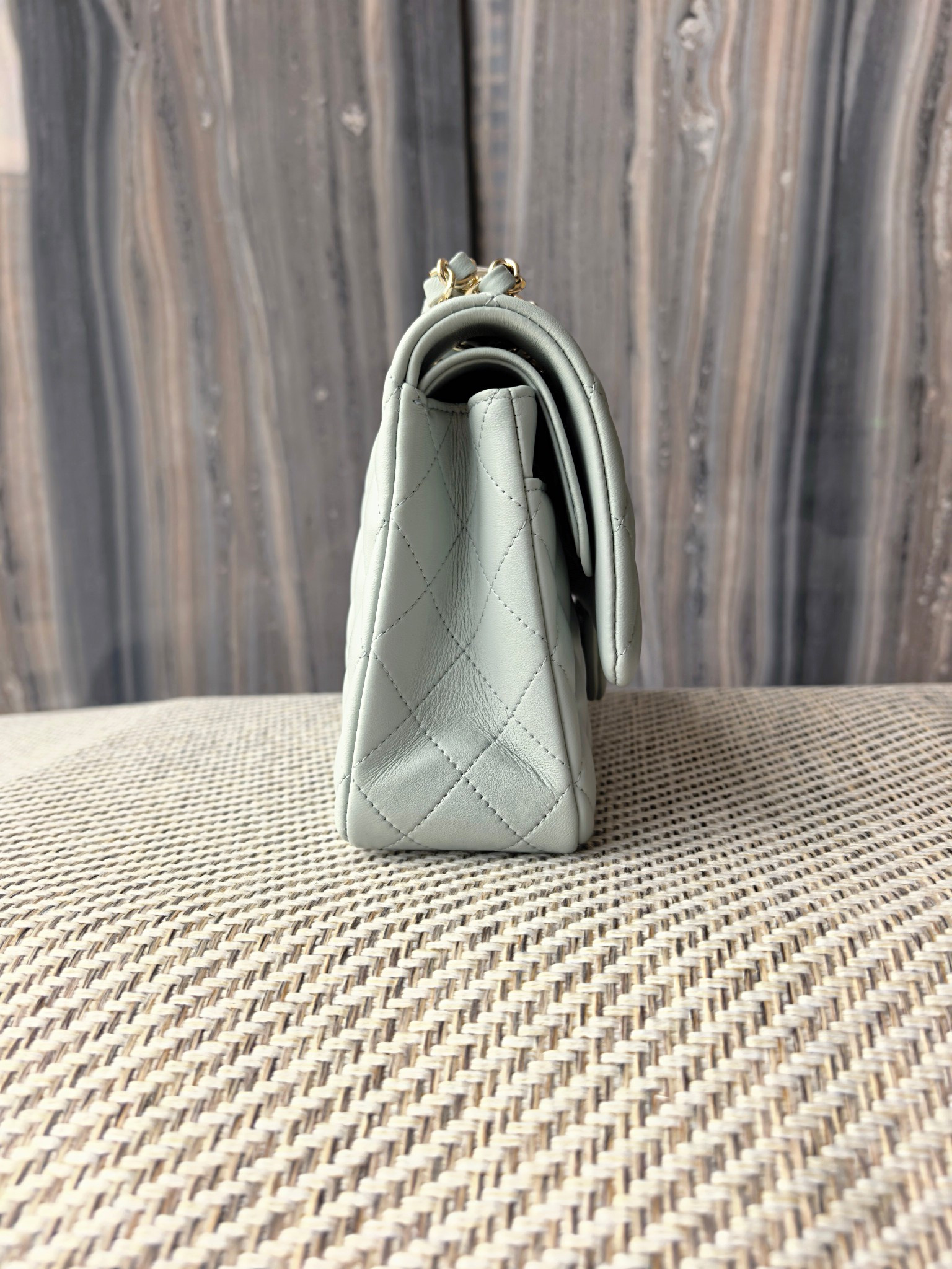 Ch*el classic flap bag light blue with light gold hardware 15.5x25.5x6.5cm