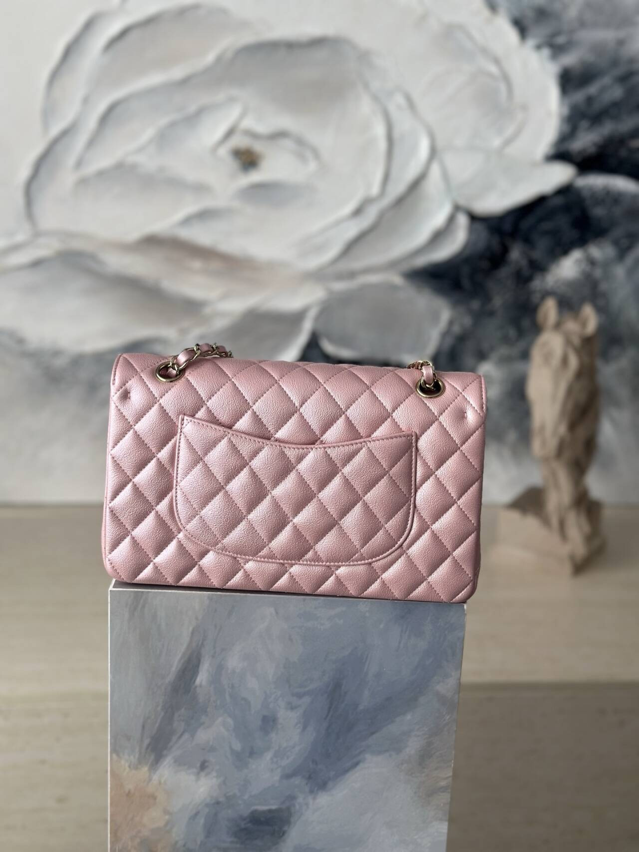 Ch*el flap bag pearlescent pink as1112 25.5x15x6cm