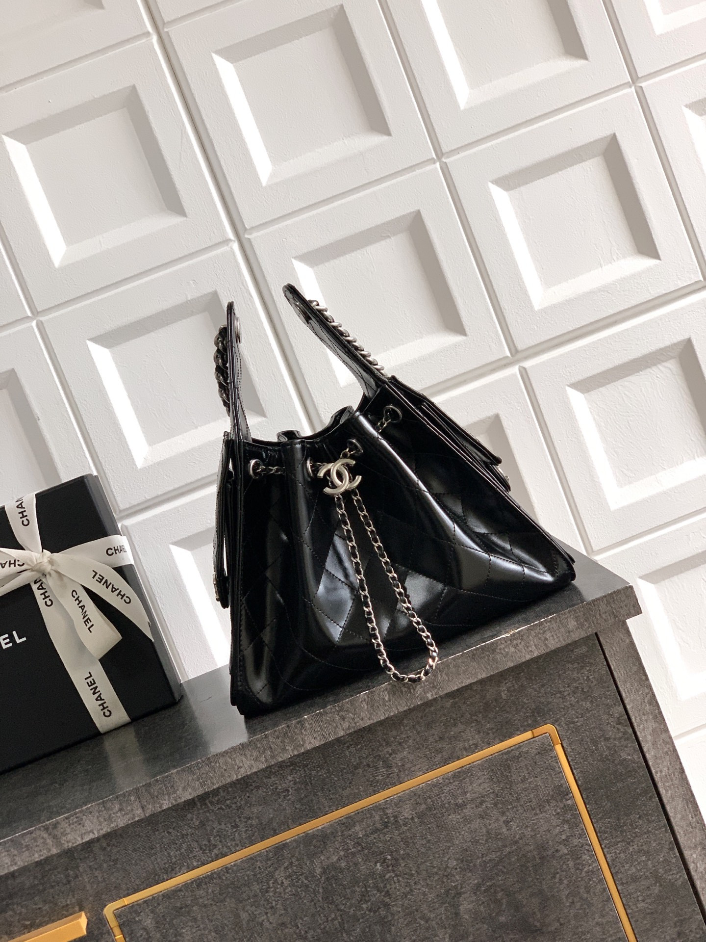 Ch*el 25c bucket bag oil wax leather 30x26x14cm