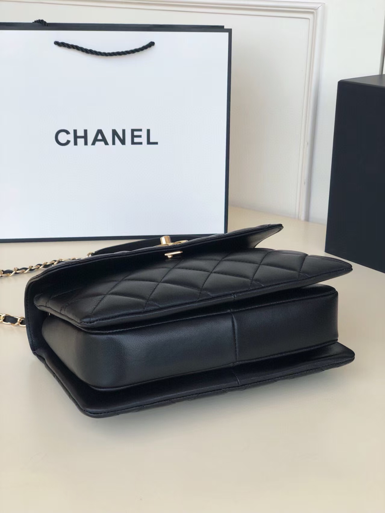Ch*el flap bag with top handle 6.6 × 9.8 × 4.7 in