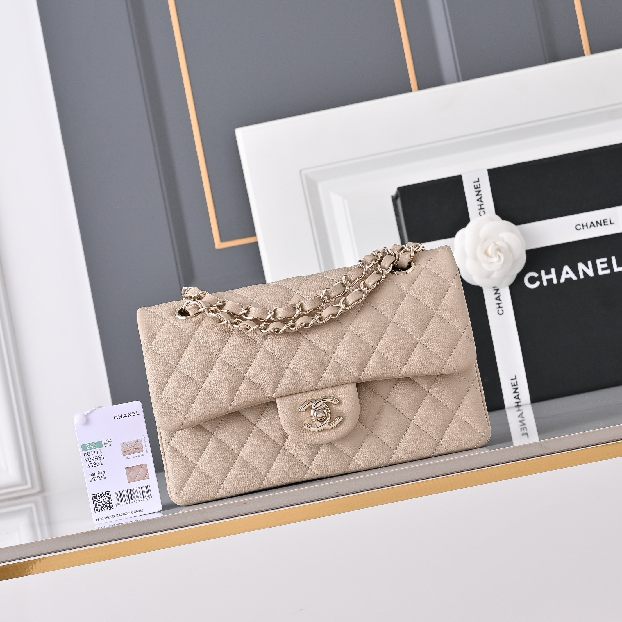 Ch*el classic flap handbag milky tea with light gold hardware and caviar leather a01113 23x14.5x6cm