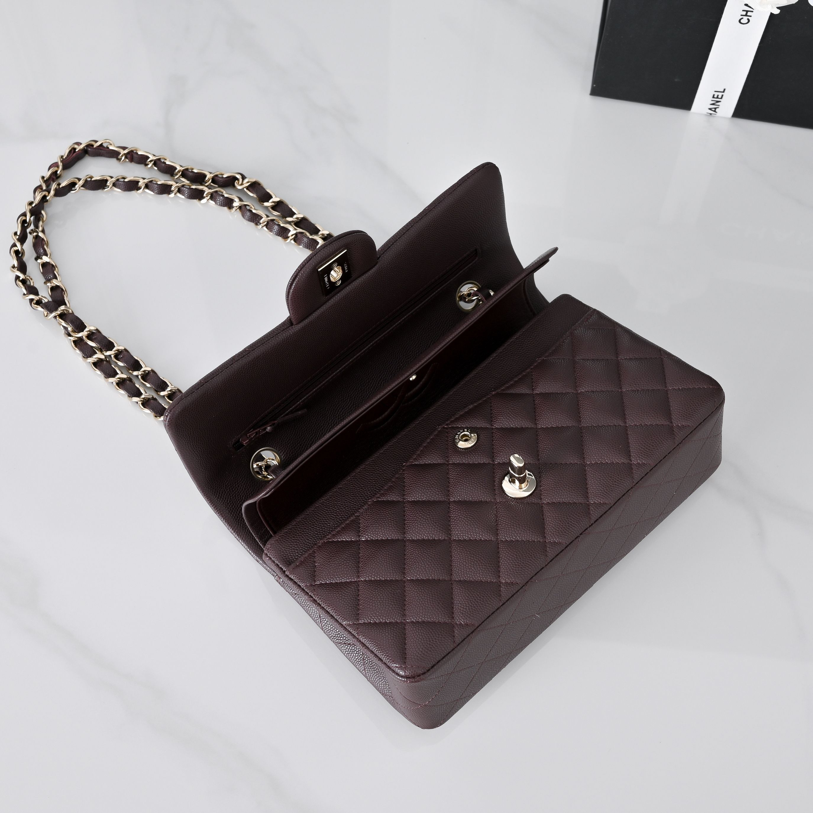 Ch*el classic flap bag coffee brown light gold hardware a01113 23x14.5x6cm