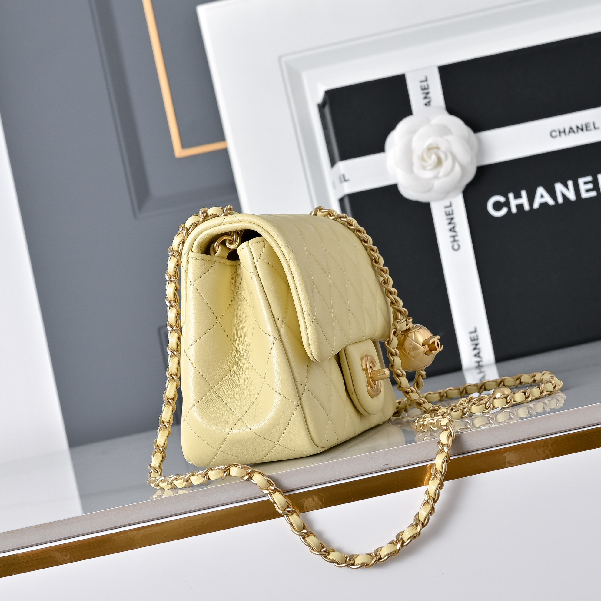 Ch*el mini flap bag butter yellow as1786 13.5x17x8cm