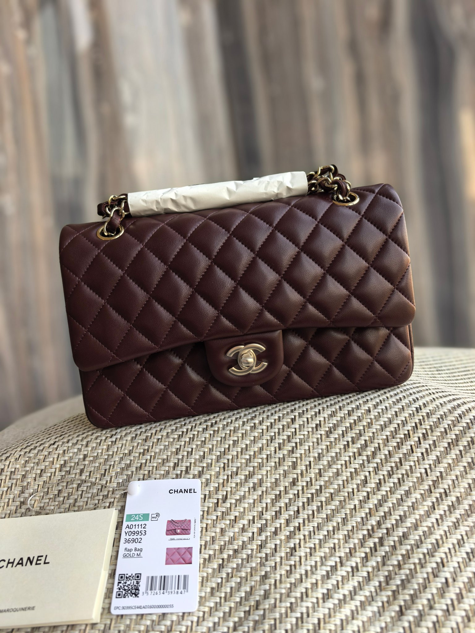 Ch*el classic flap bag chocolate brown with light gold hardware 15.5x25.5x6.5cm