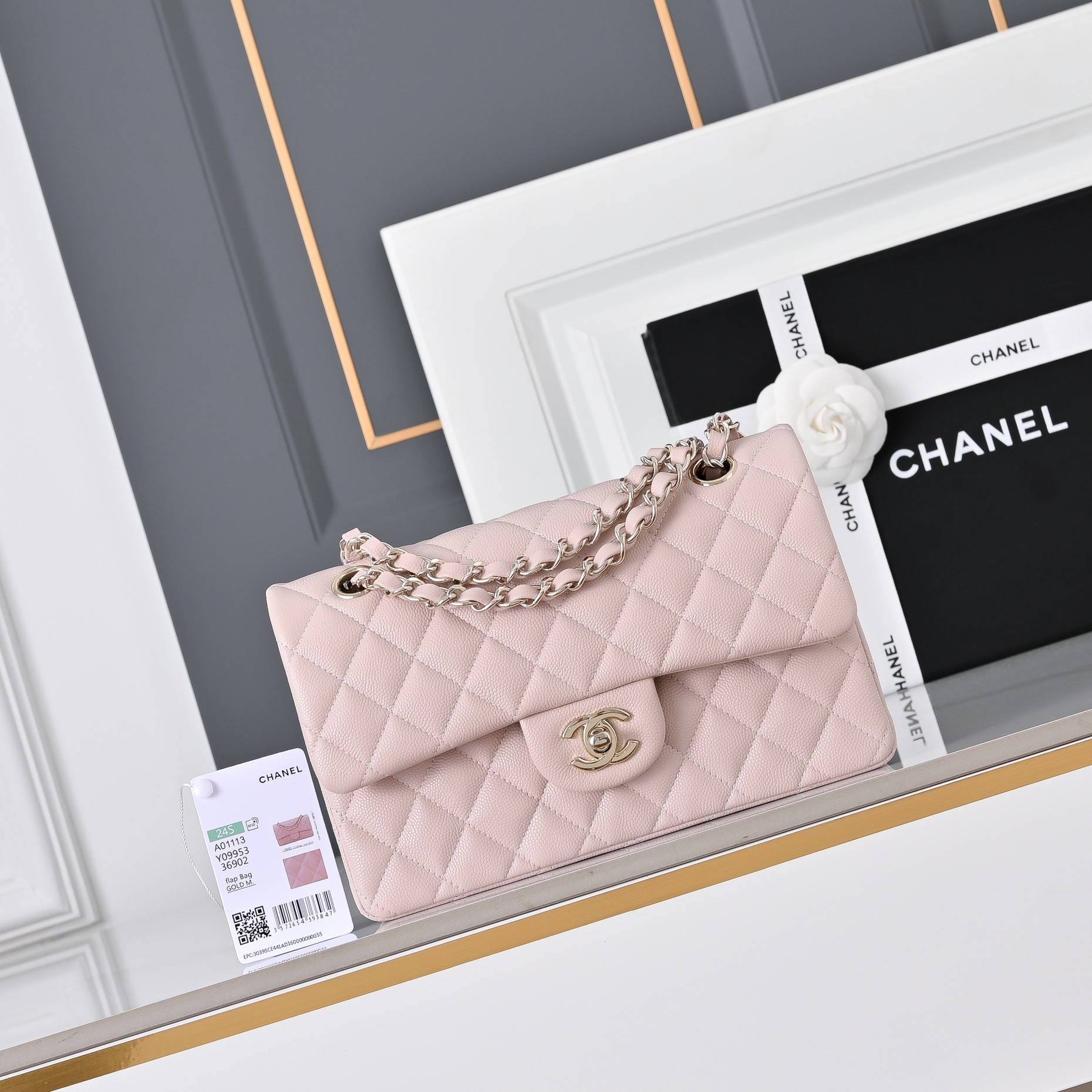 Ch*el classic flap handbag light pink with light gold hardware and caviar leather a01113 23x14.5x6cm