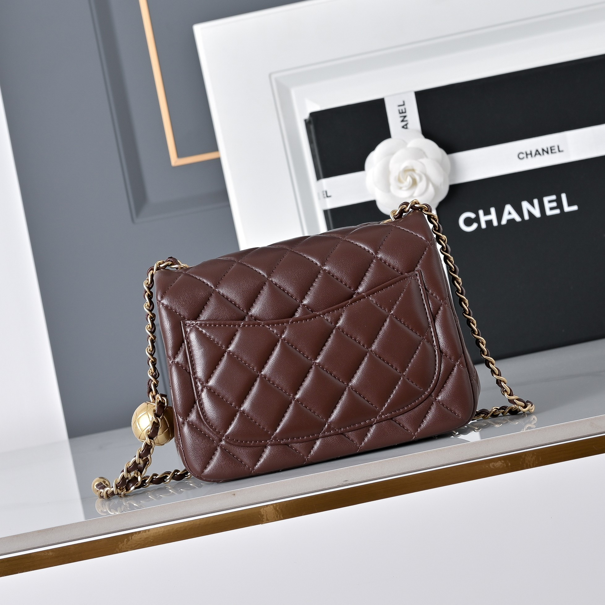 Ch*el mini flap bag coffee brown as1786 13.5x17x8cm