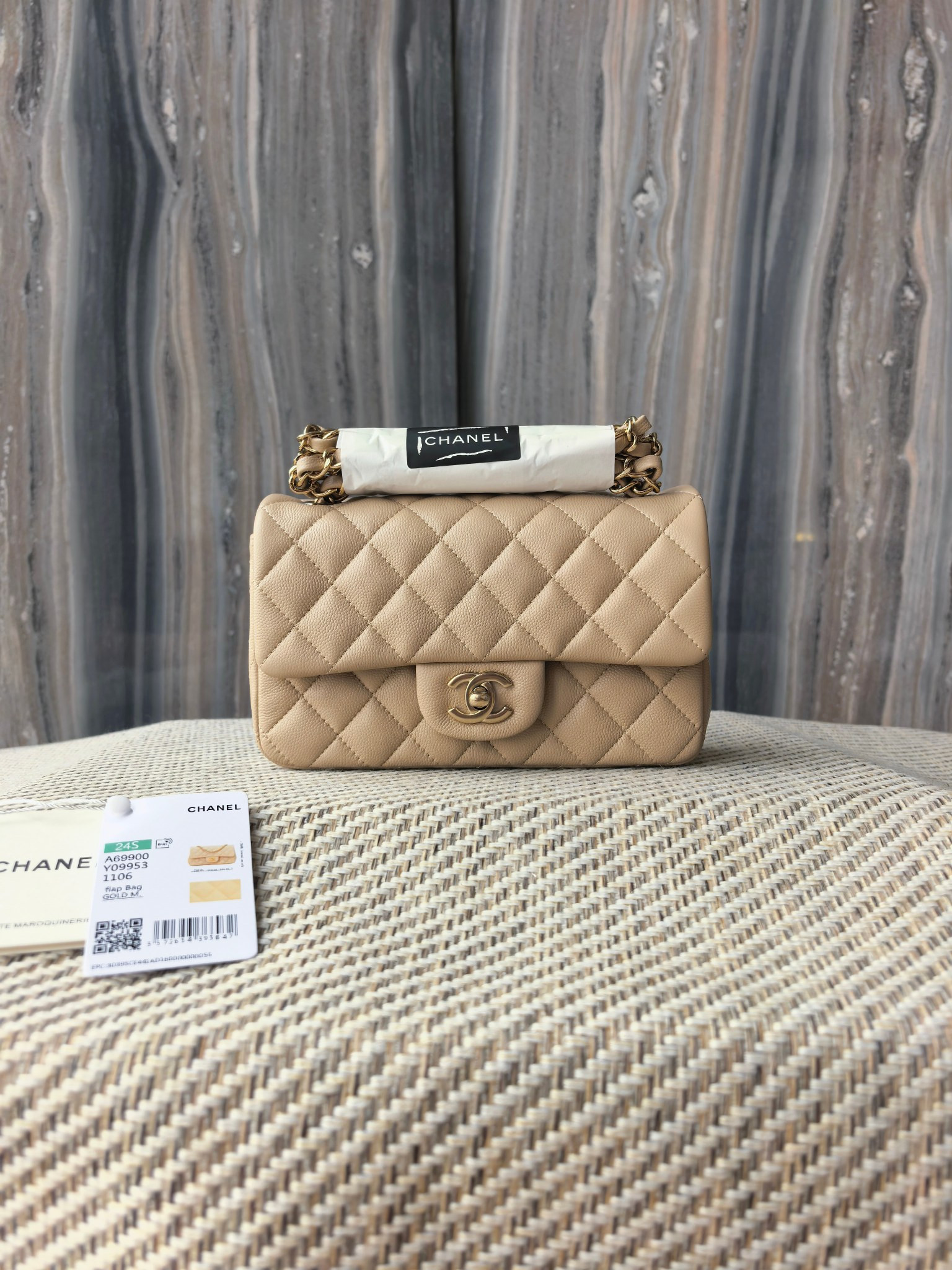 Ch*el mini flap bag milky tea color light gold hardware 20x12x6cm