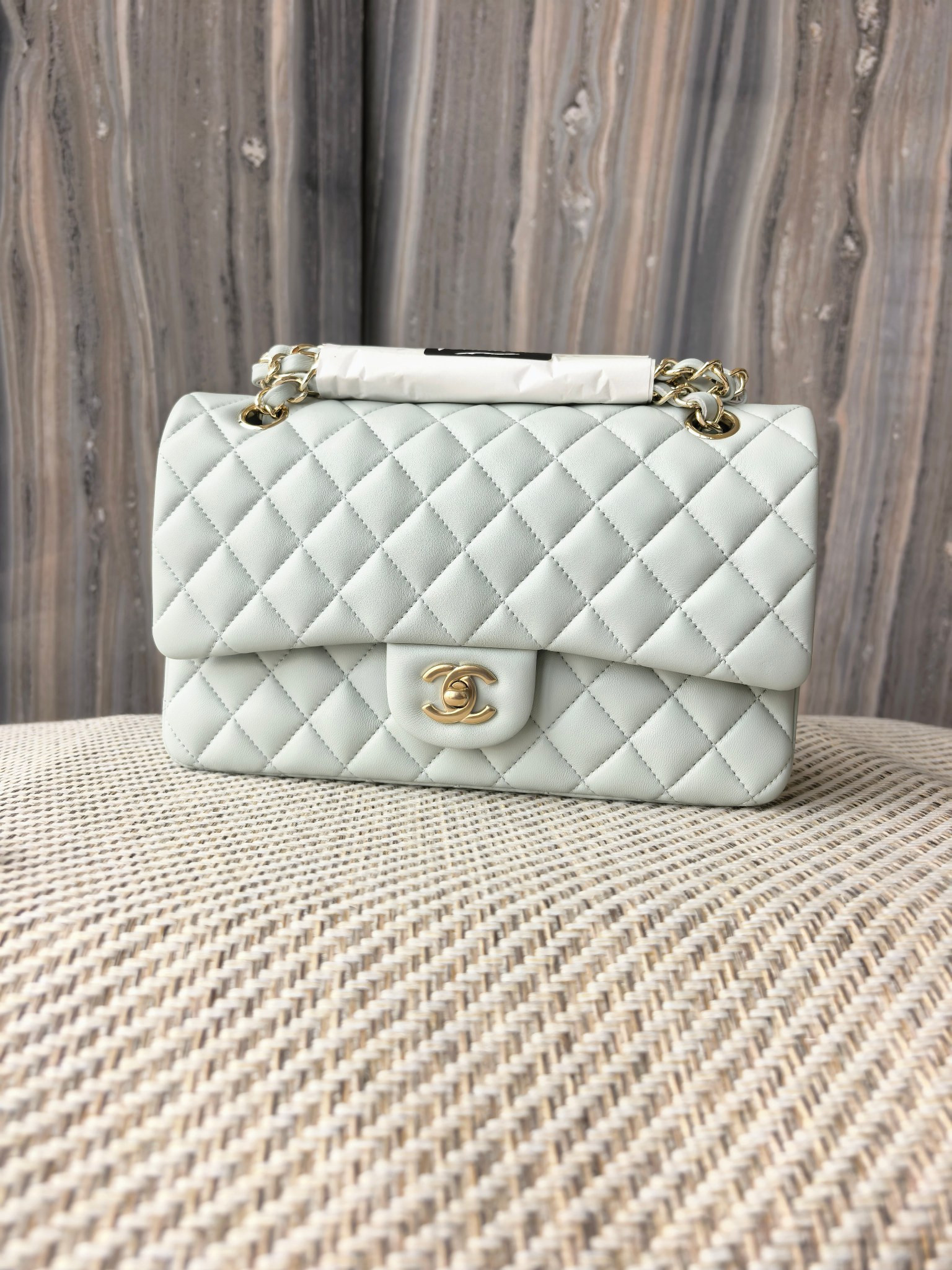 Ch*el classic flap bag light blue with light gold hardware 15.5x25.5x6.5cm