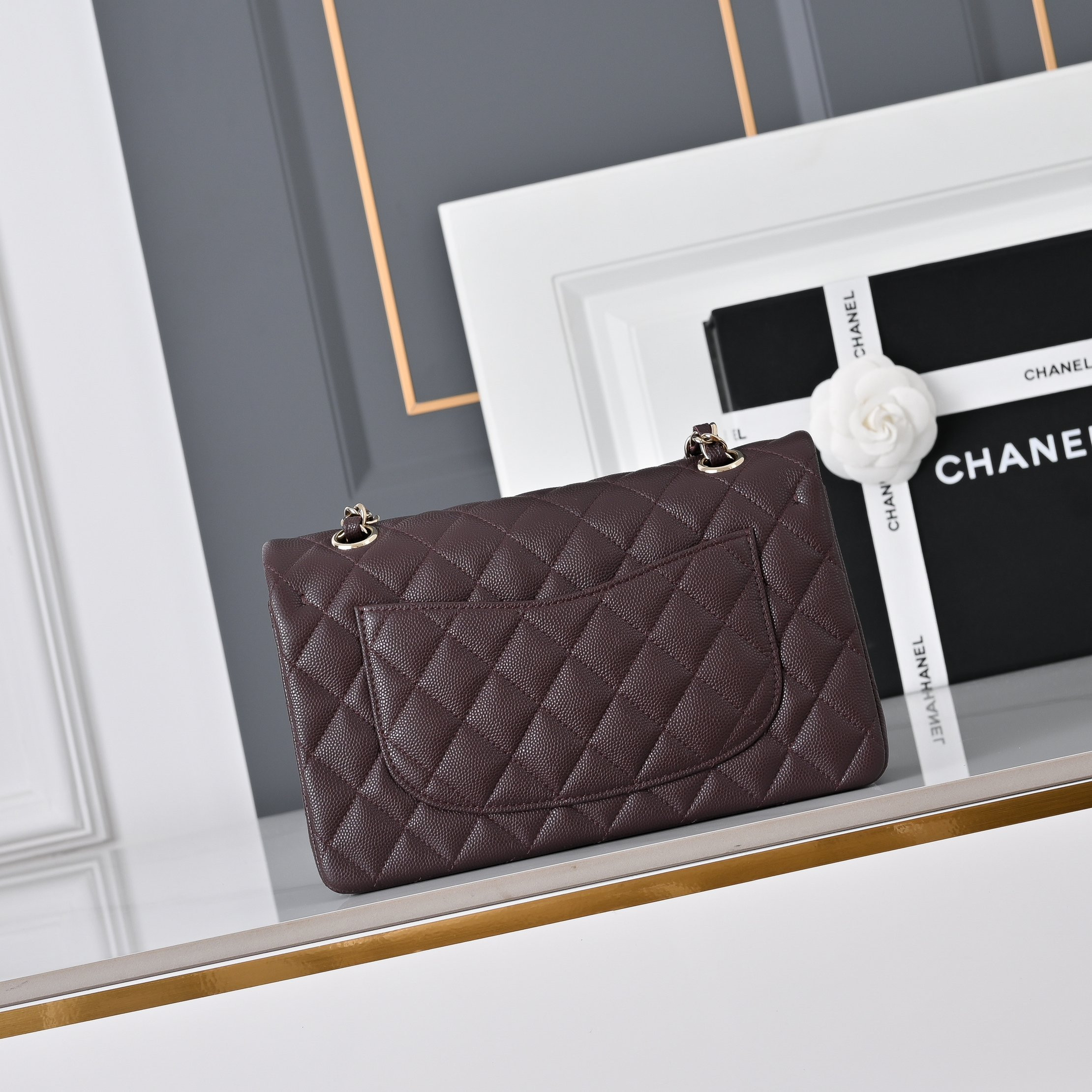 Ch*el classic flap bag coffee brown light gold hardware a01113 23x14.5x6cm