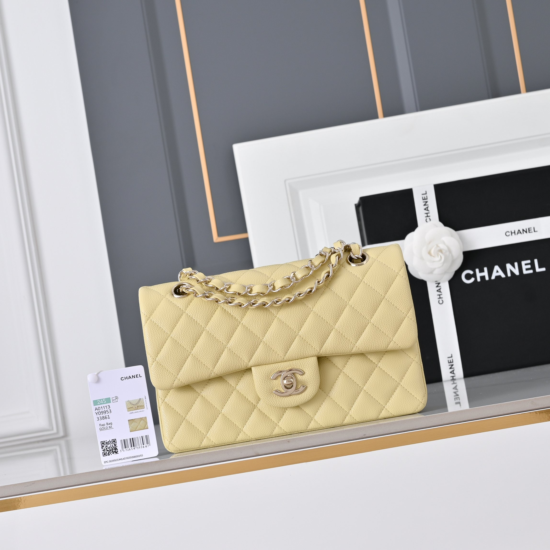 Ch*el classic flap handbag baby yellow with light gold hardware and caviar leather a01113 23x14.5x6cm