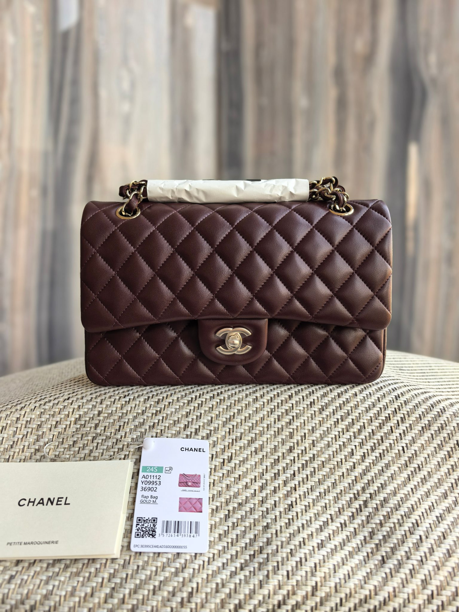 Ch*el classic flap bag chocolate brown with light gold hardware 15.5x25.5x6.5cm