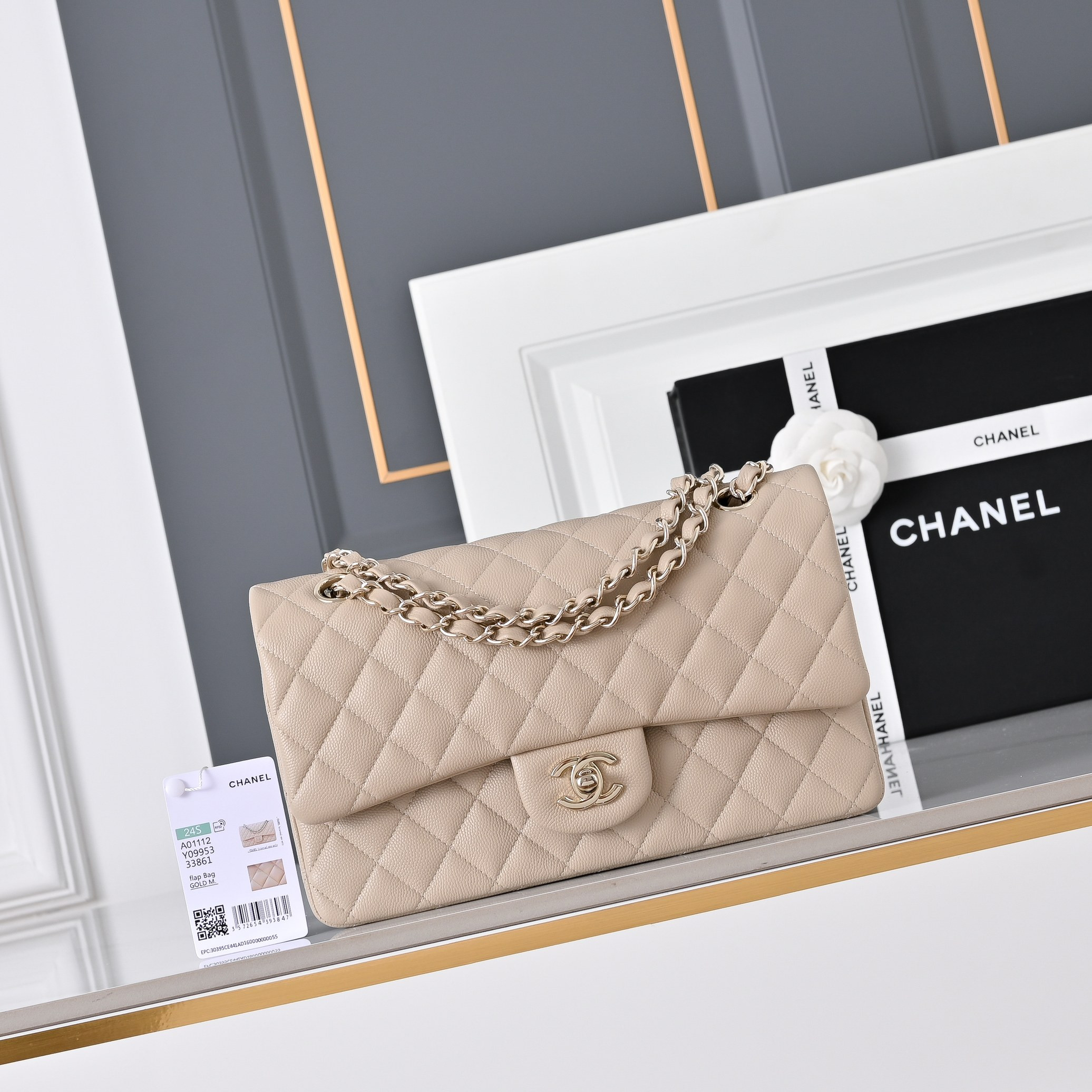 Ch*el classic flap milk tea caviar leather light gold hardware a01112 15.5x25.5x6.5cm