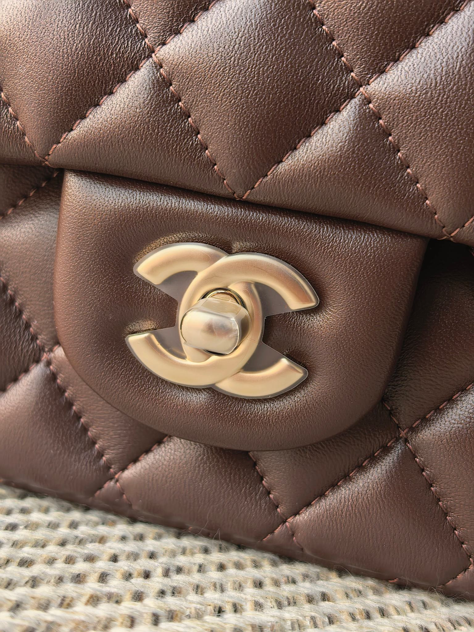 Ch*el classic flap bag coffee brown with light gold hardware 15.5x25.5x6.5cm