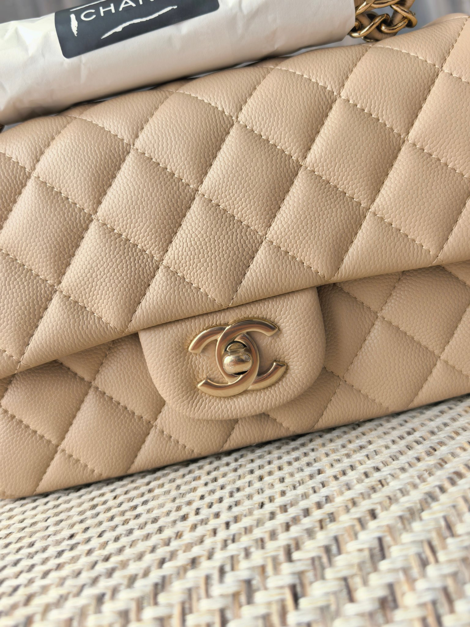 Ch*el mini flap bag milky tea color light gold hardware 20x12x6cm