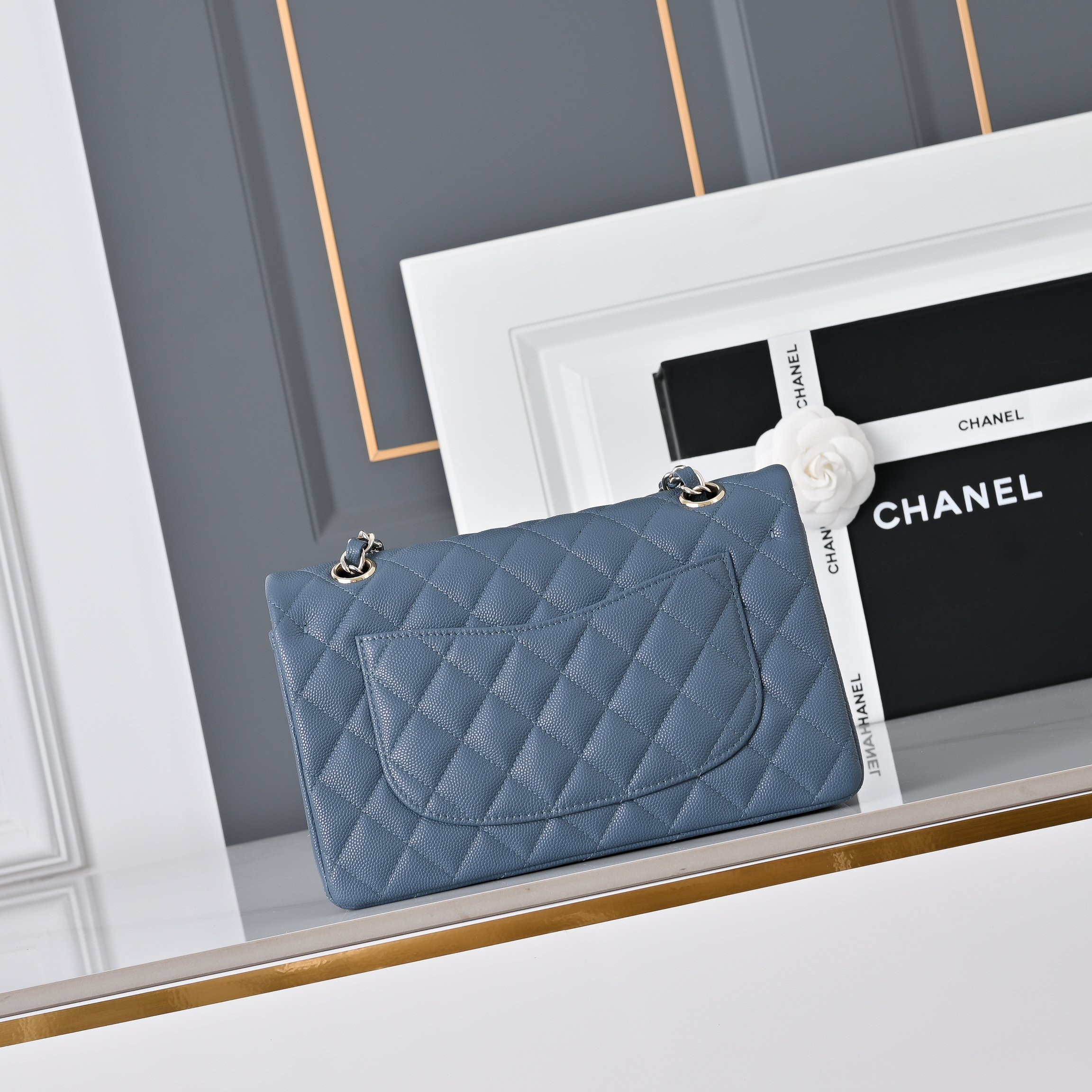 Ch*el classic flap handbag dusty blue with light gold hardware and caviar leather a01113 23x14.5x6cm