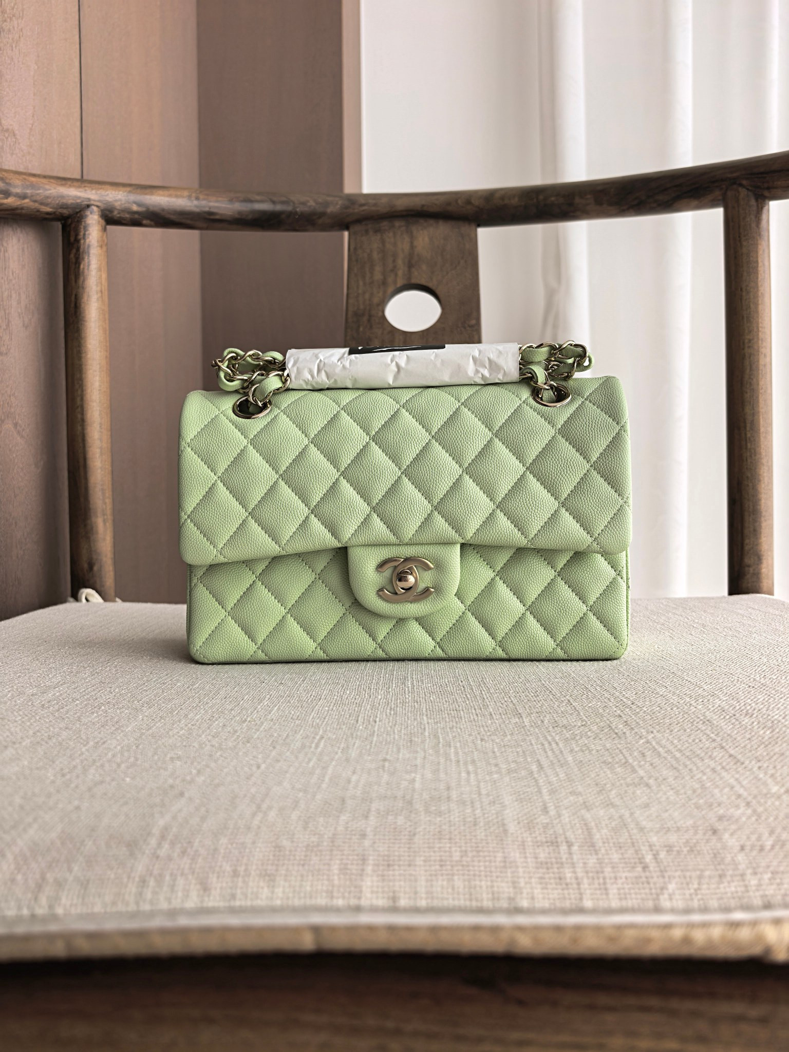 Ch*el classic flap handbag mint green bag with light gold hardware a01113 23x14.5x6cm