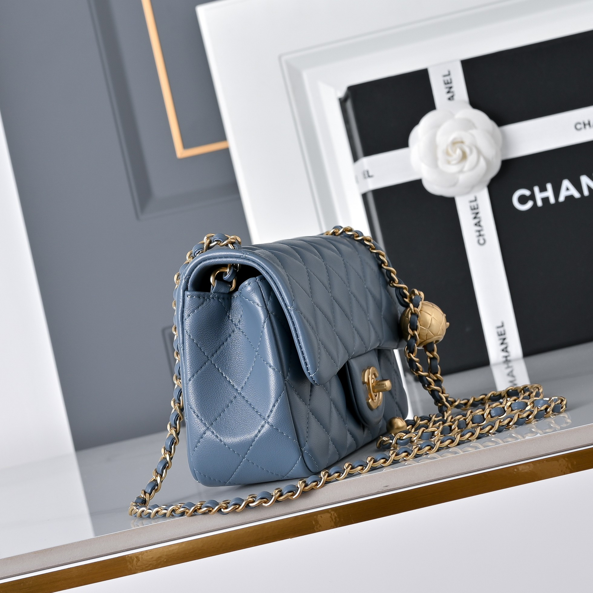 Ch*el flap bag misty blue as1787 20x13x7cm