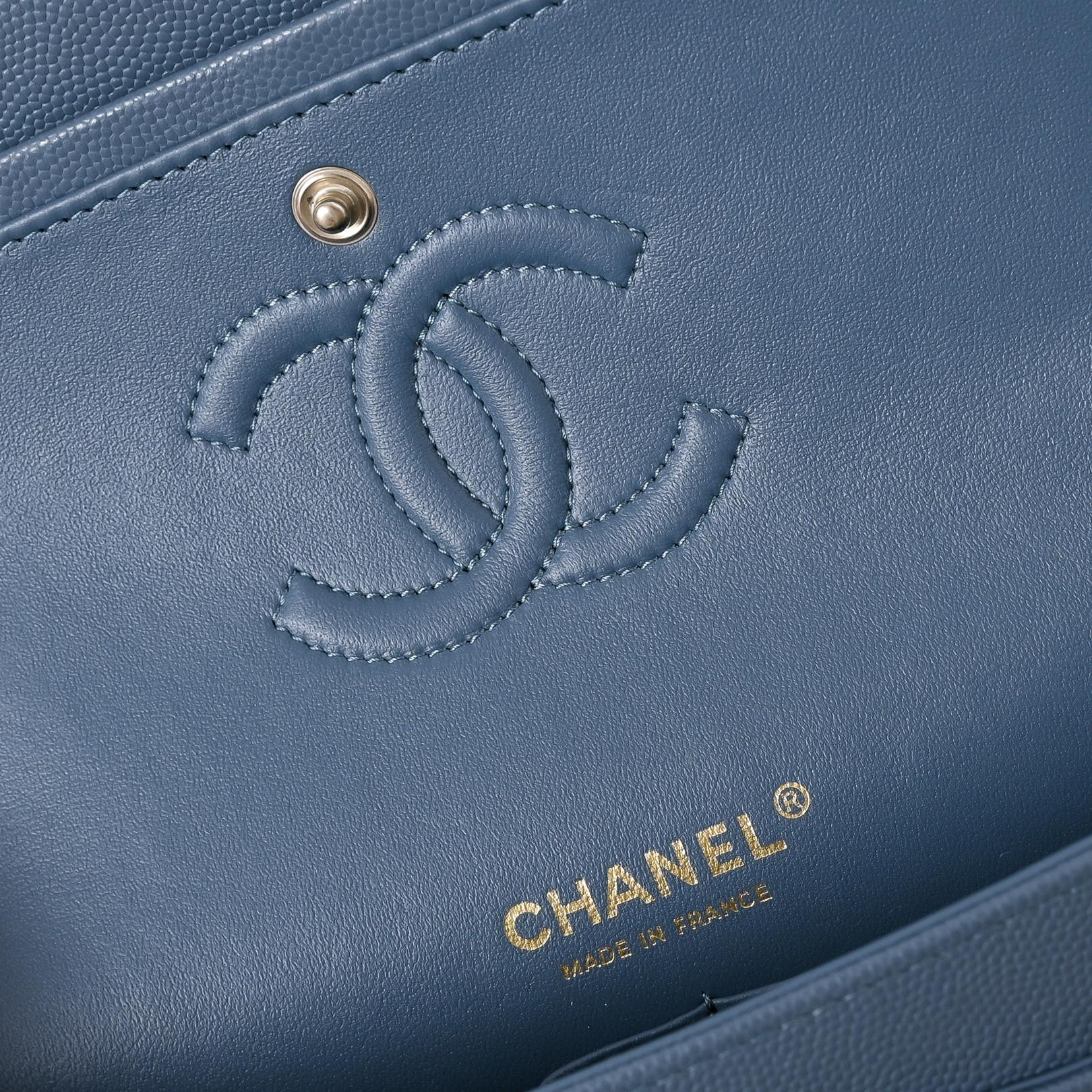 Ch*el classic flap handbag dusty blue with light gold hardware and caviar leather a01113 23x14.5x6cm
