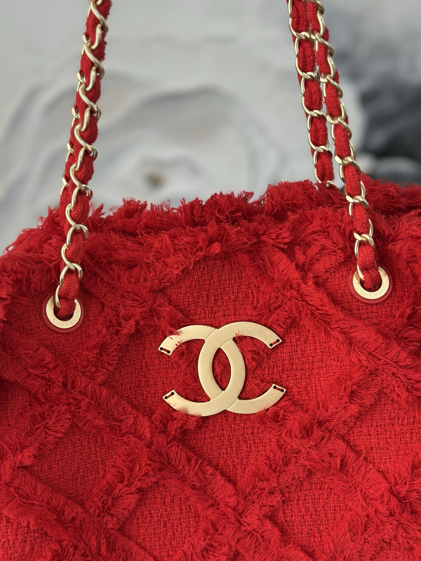 Ch*el vintage linen tassel tote straw bag as3358 48x35x17cm