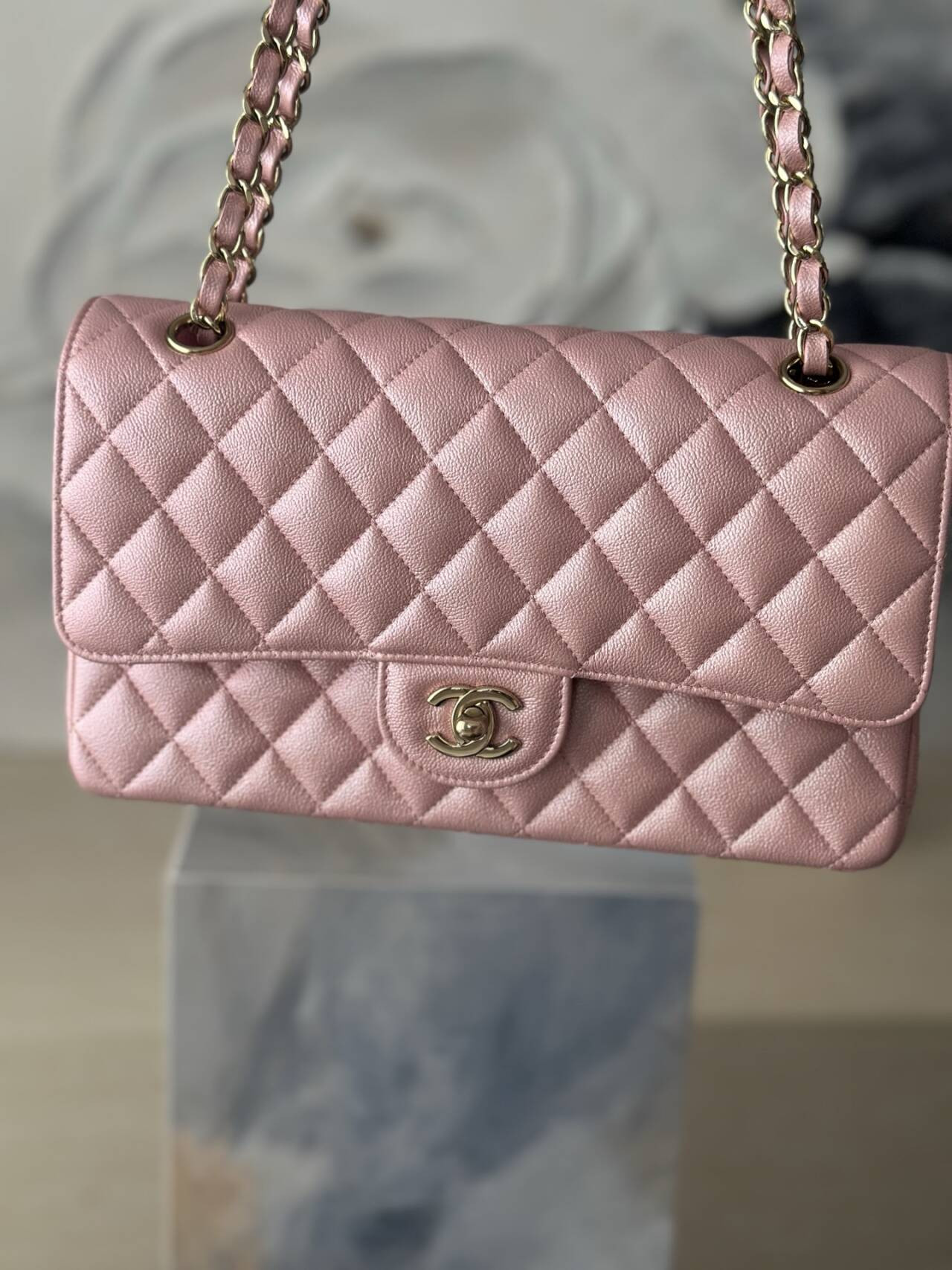 Ch*el flap bag pearlescent pink as1112 25.5x15x6cm