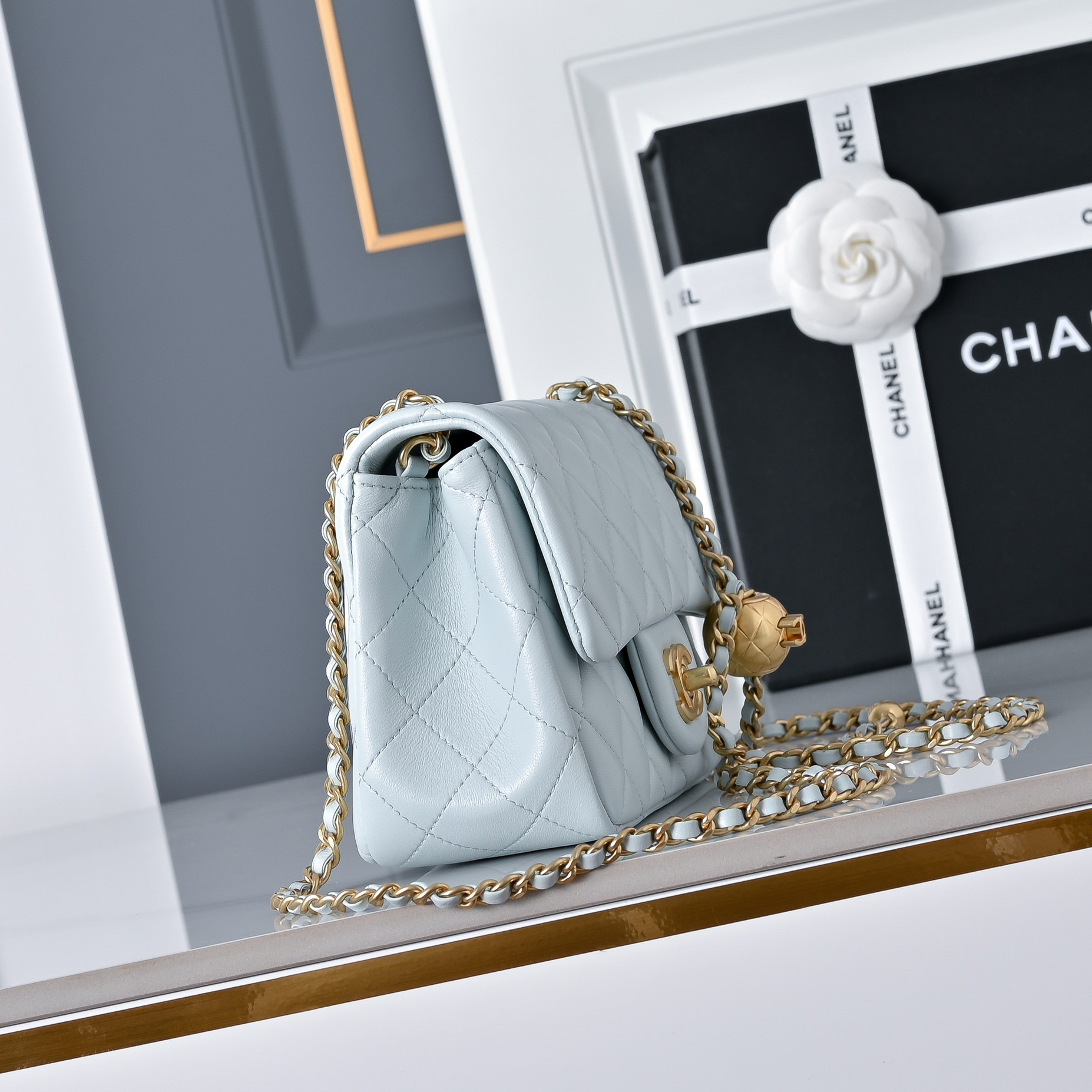 Ch*el mini flap bag light blue as1786 13.5x17x8cm