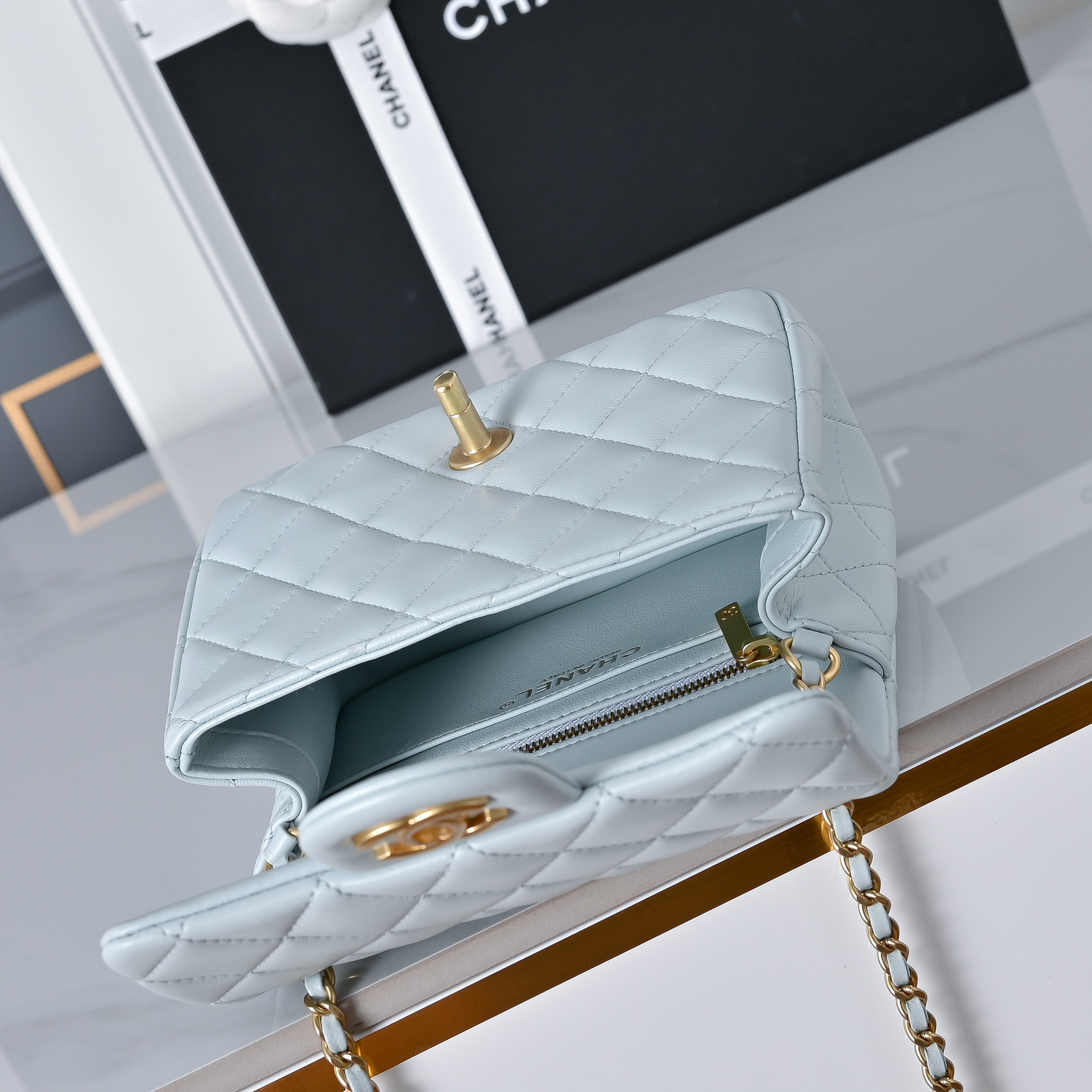 Ch*el mini flap bag light blue as1786 13.5x17x8cm