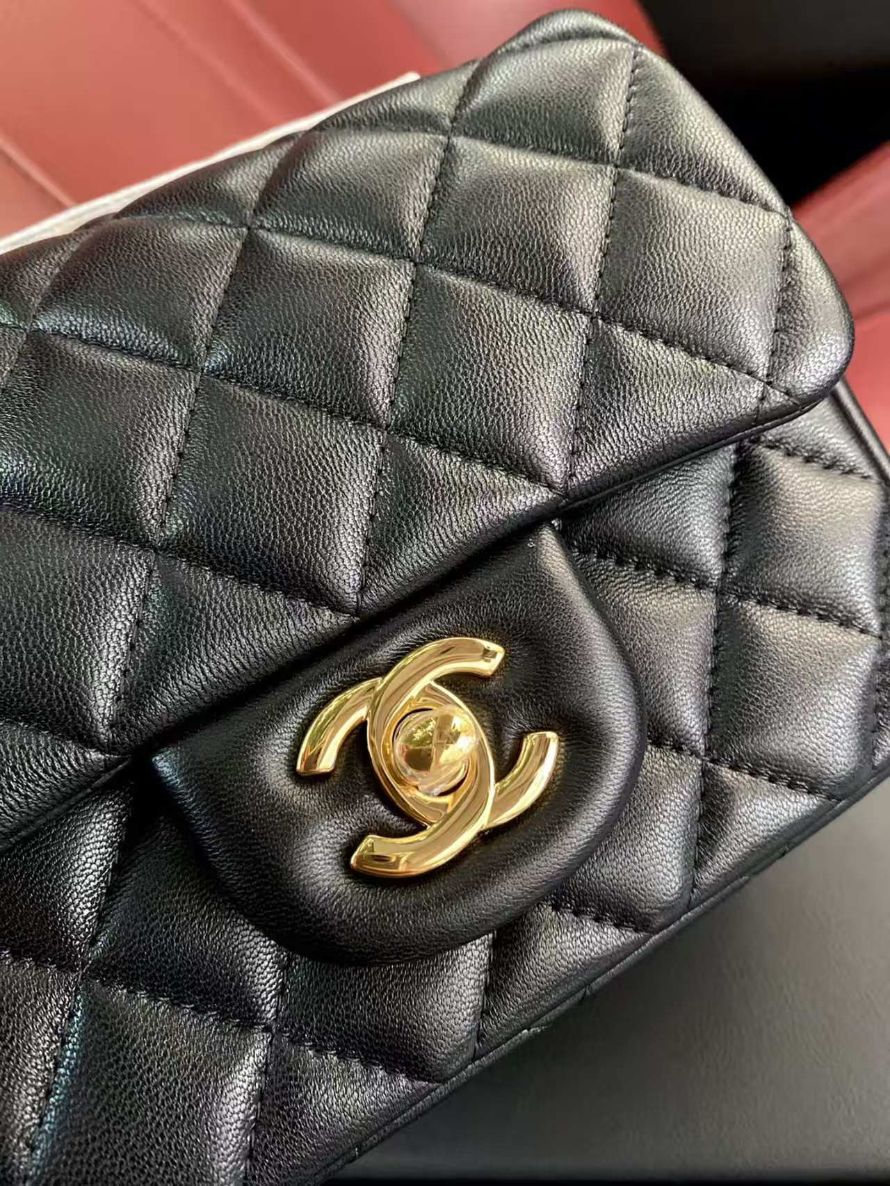 Ch*el mini classic handbag lambskin & gold-tone metal black 13.5x 17x8cm