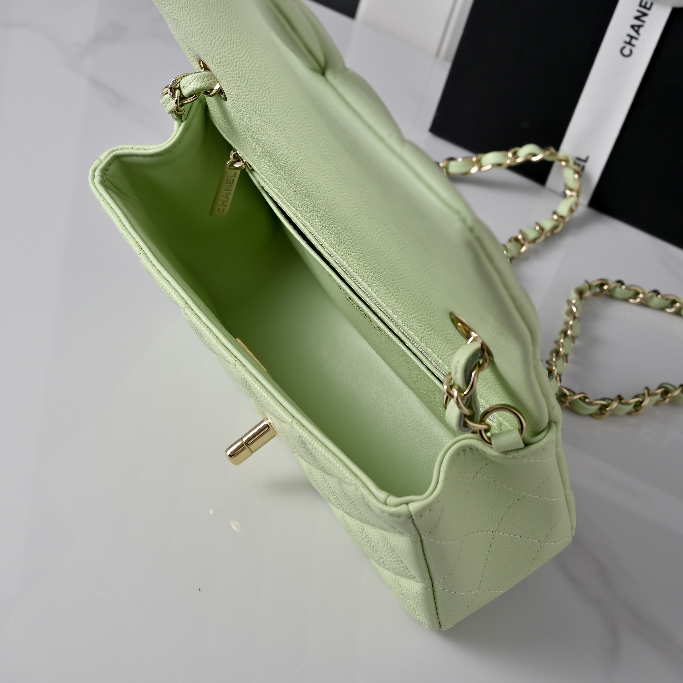 Ch*el mini flap bag caviar leather with light gold hardware a69900 20x12x6cm