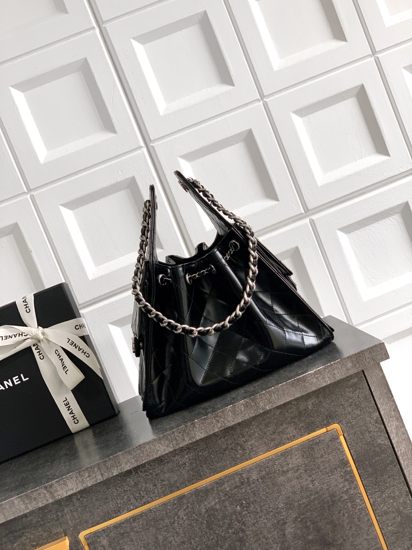 Ch*el 25c bucket bag oil wax leather 30x26x14cm