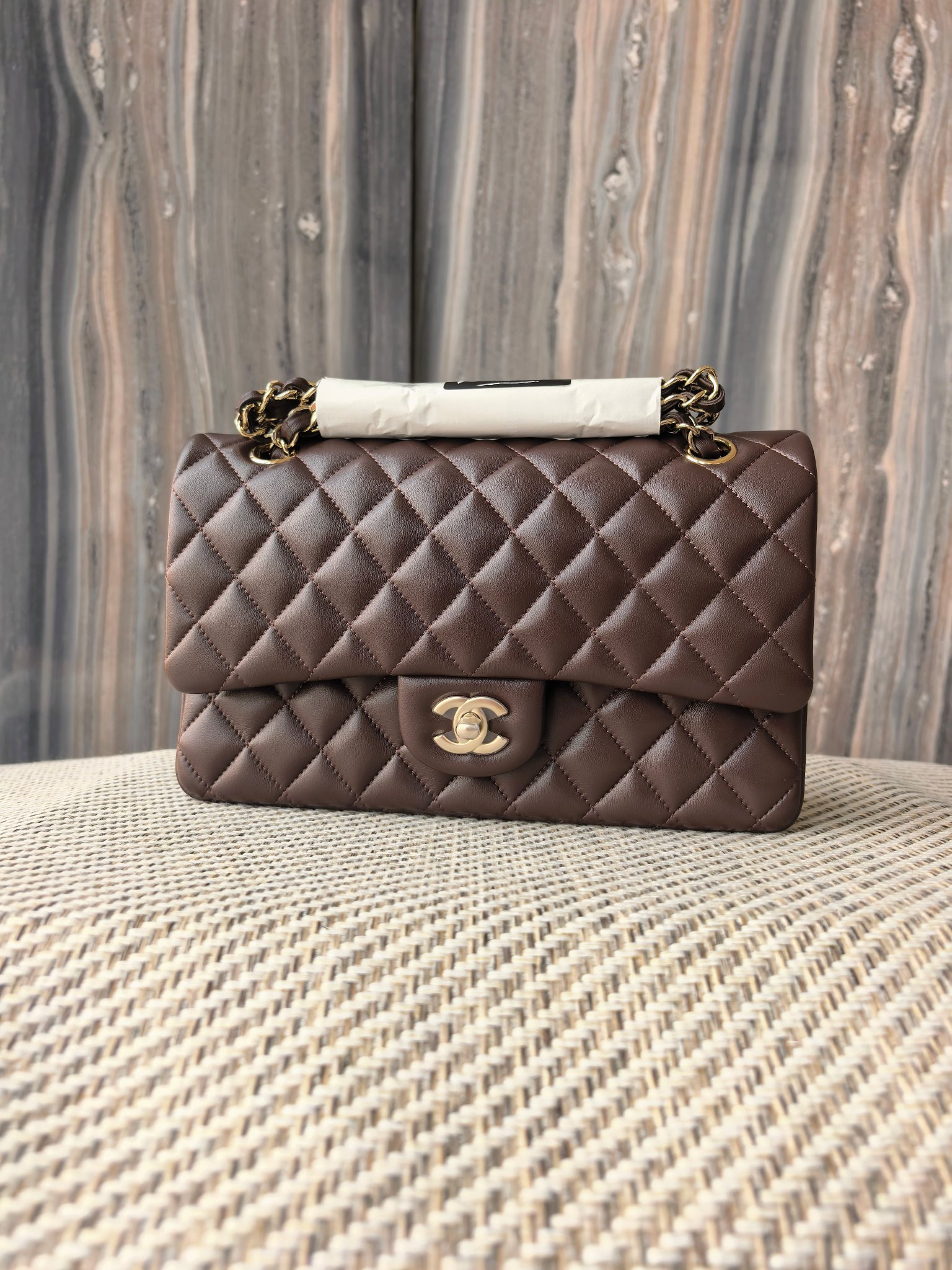 Ch*el classic flap bag coffee brown with light gold hardware 15.5x25.5x6.5cm