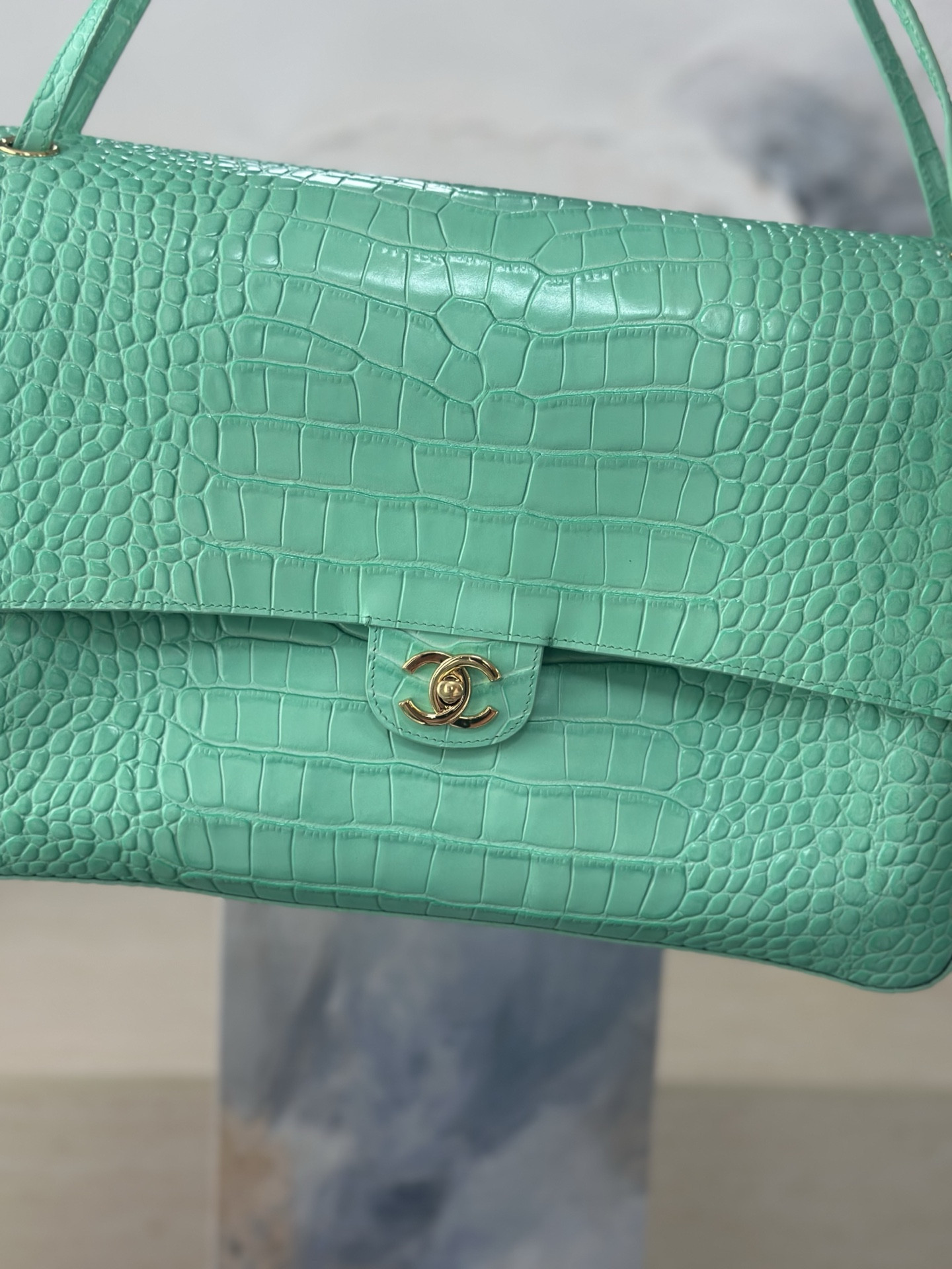 Ch*el maxi flap bag glacier blue gold hardware as6233 26x38.5x11cm