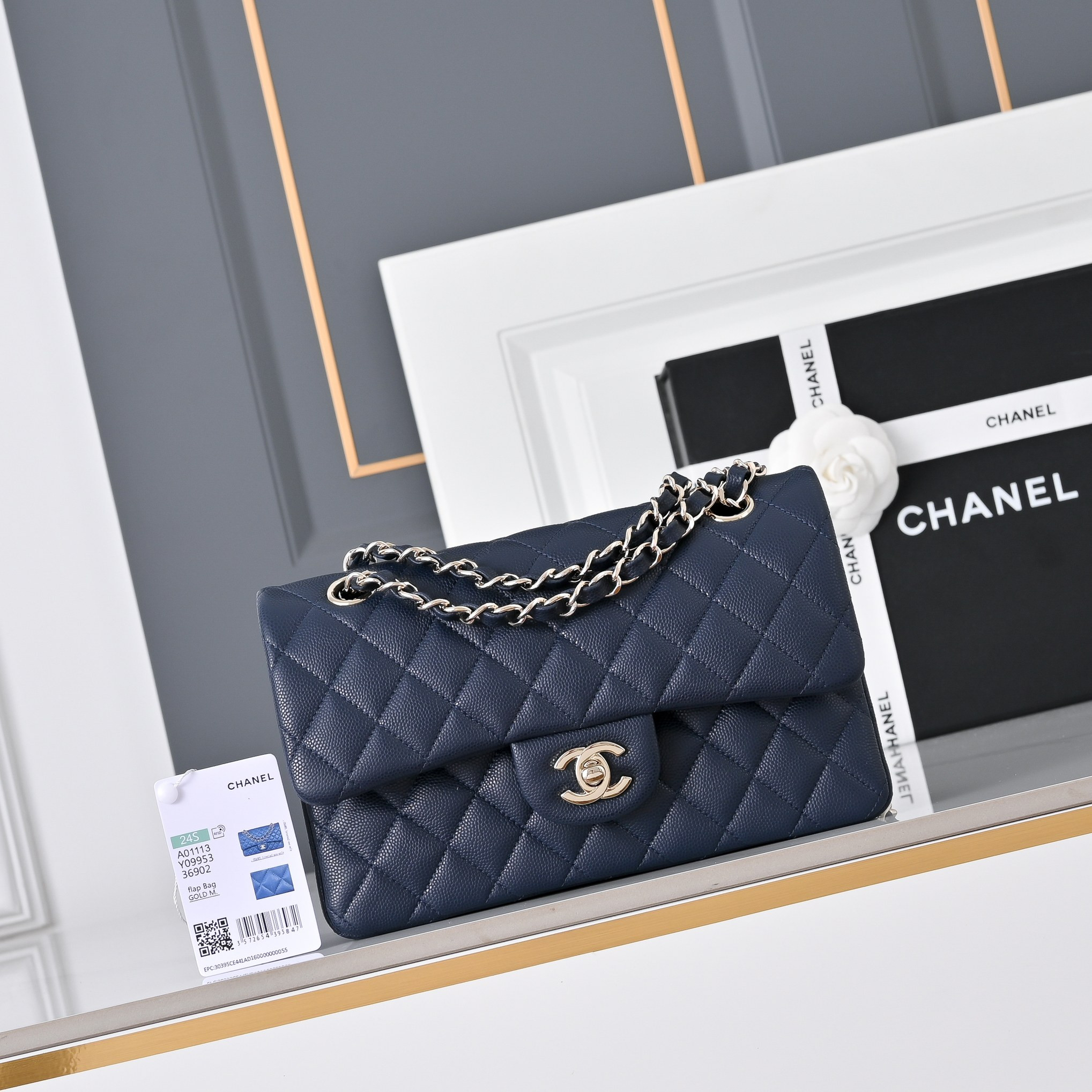 Ch*el classic flap handbag royal blue with light gold hardware and caviar leather a01113 23x14.5x6cm