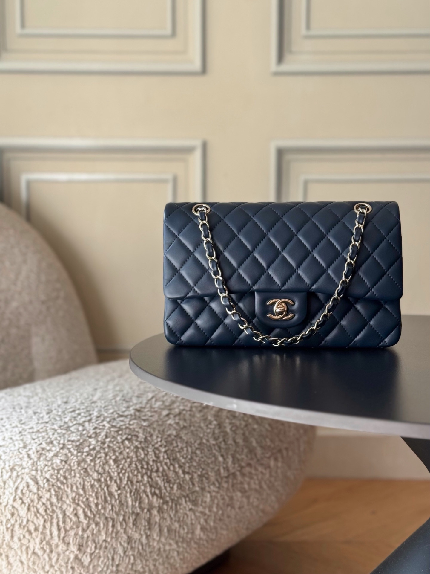 Ch*el flap bag royal blue light gold hardware 25.5x15.5x6.5cm