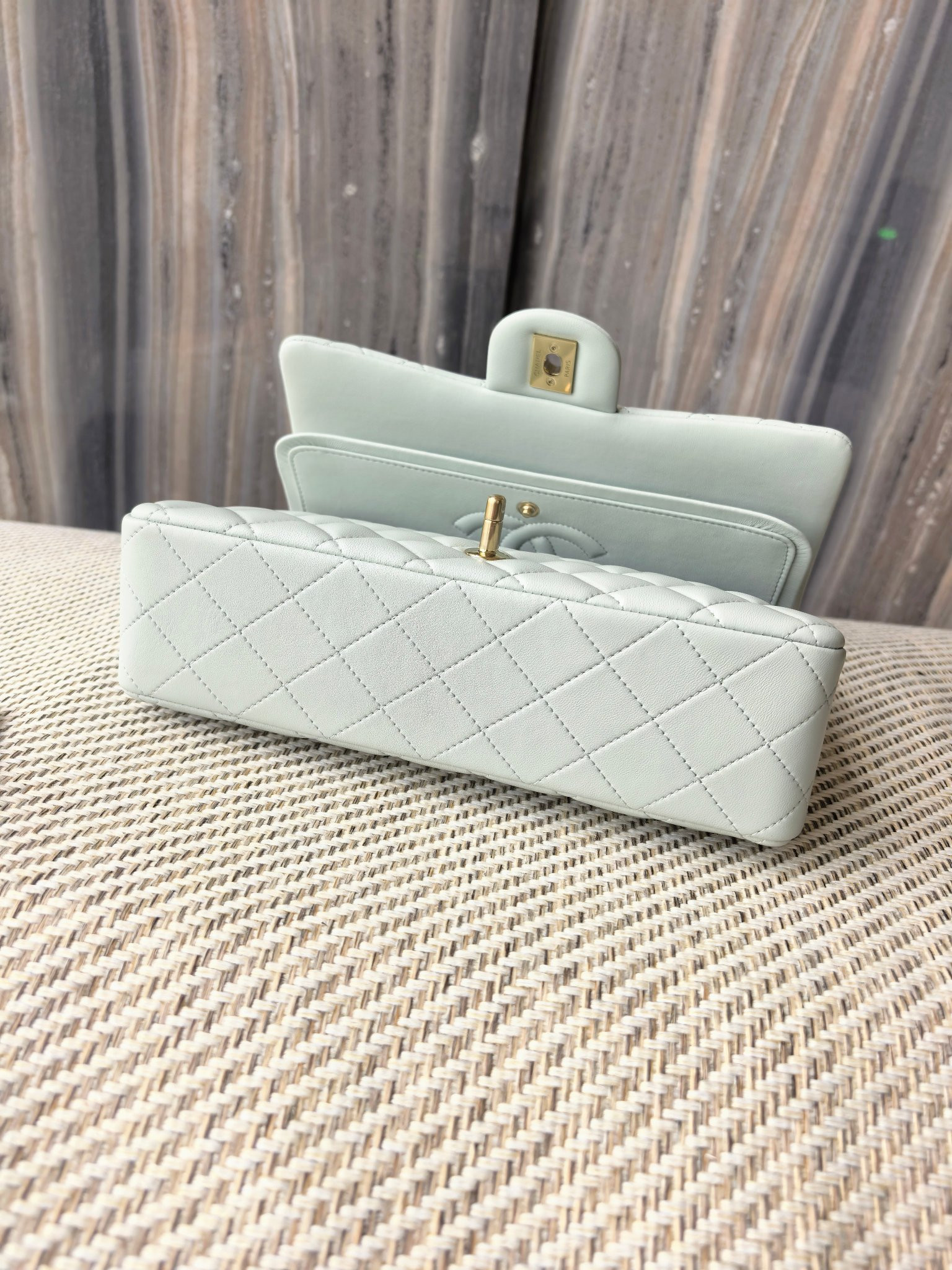 Ch*el classic flap bag light blue with light gold hardware 15.5x25.5x6.5cm