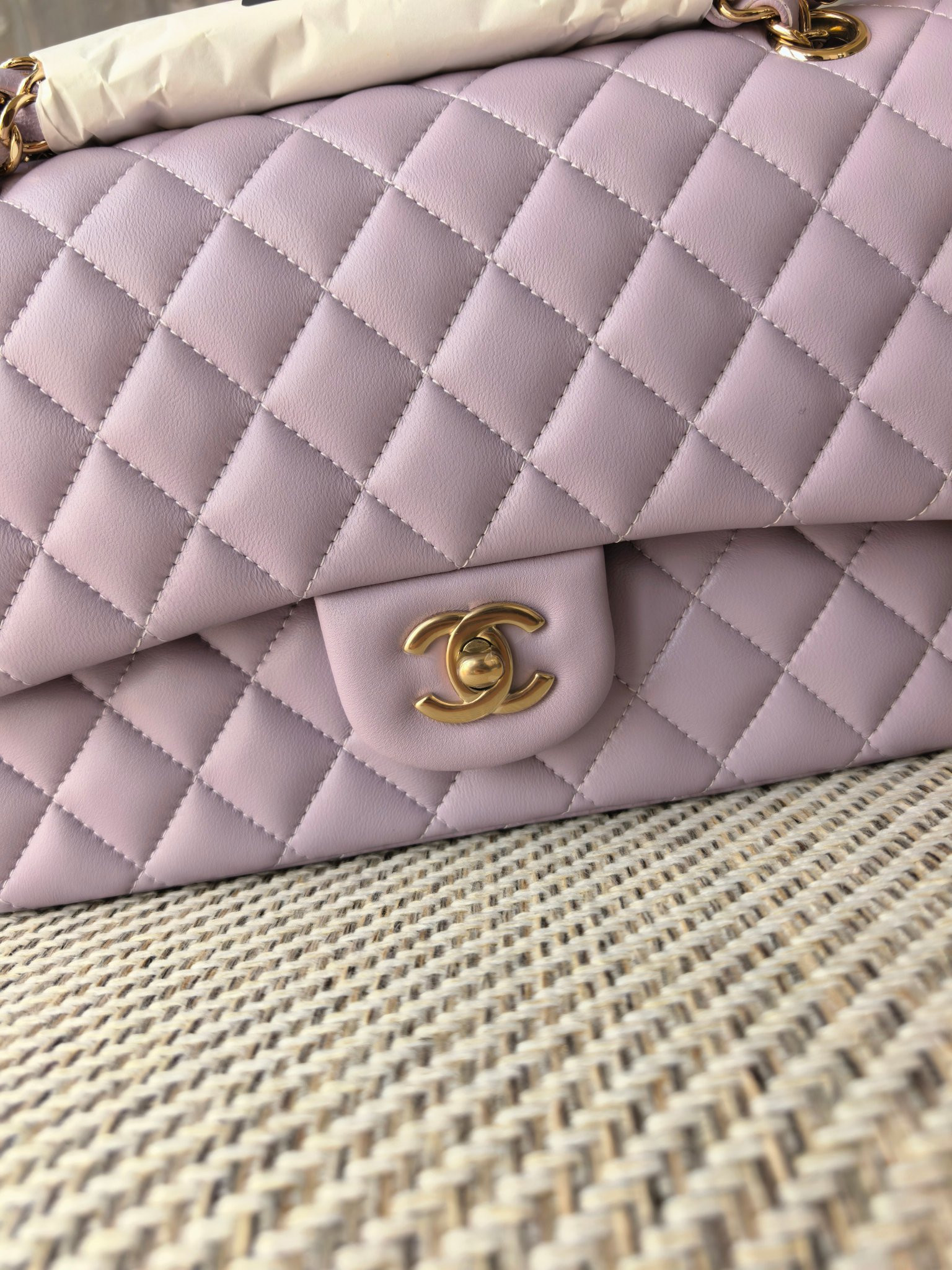 Ch*el classic flap bag lavender with light gold hardware 15.5x25.5x6.5cm