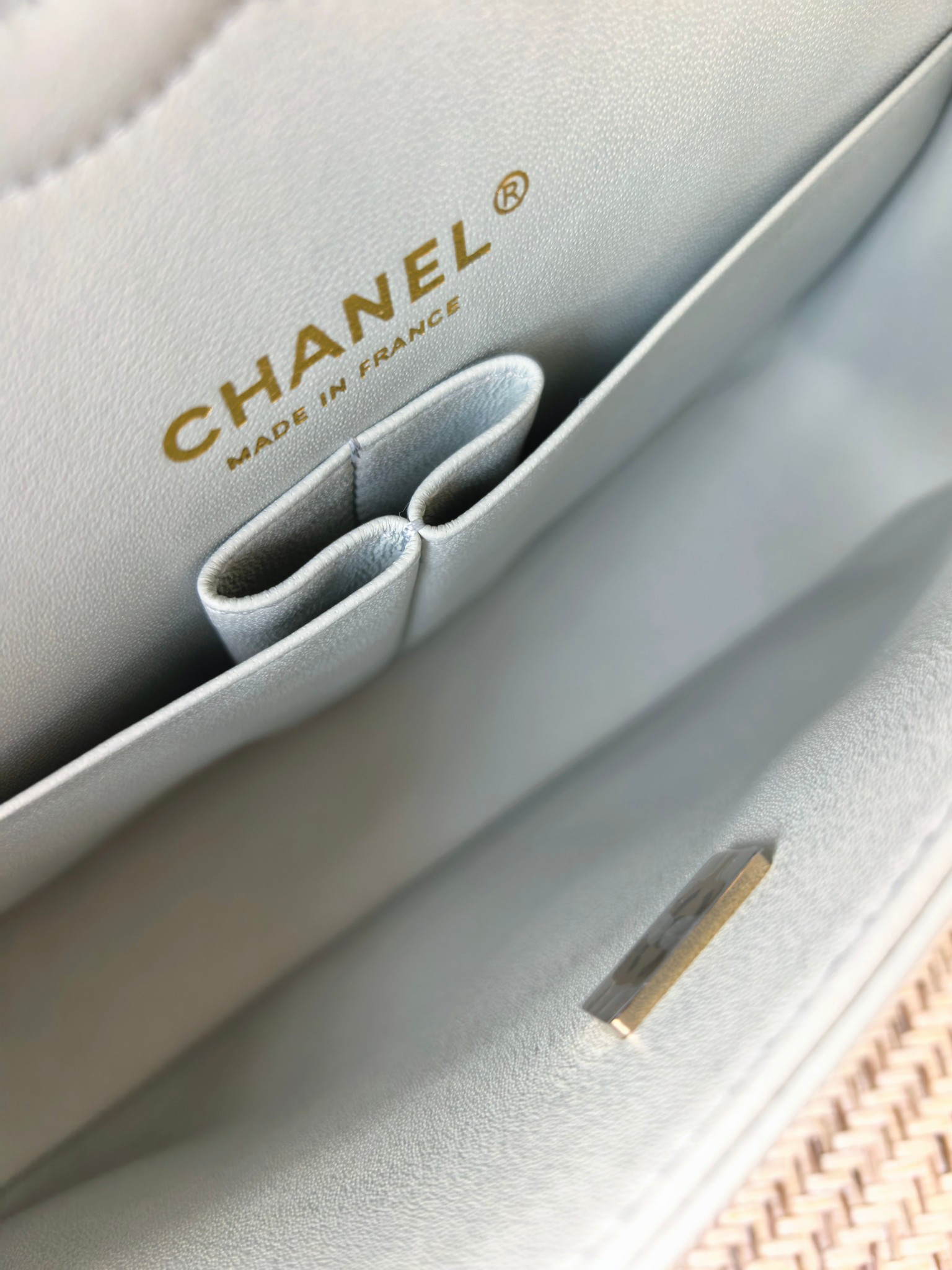Ch*el classic flap bag light blue with light gold hardware 15.5x25.5x6.5cm