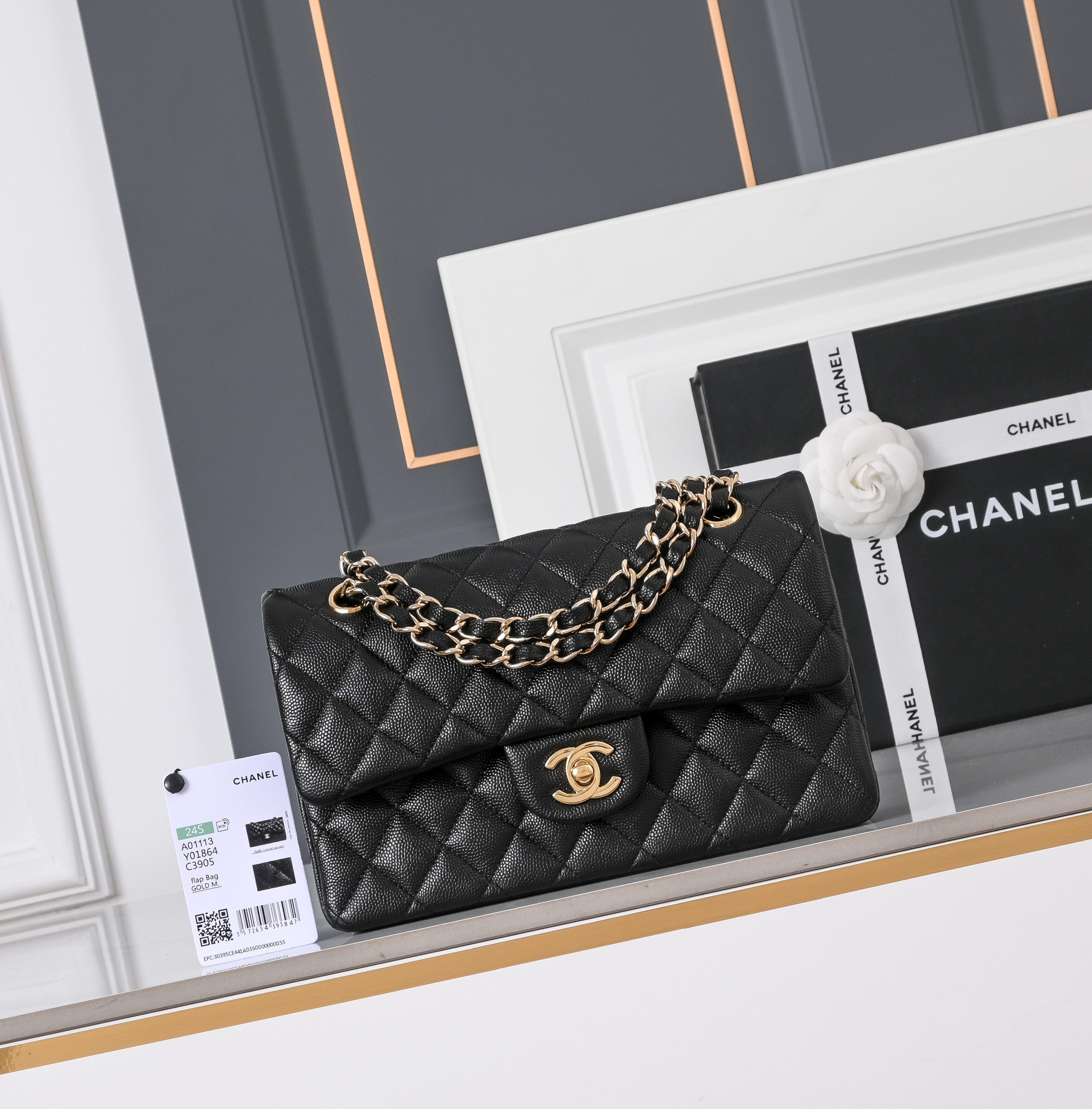 Ch*el classic flap handbag in caviar leather a01113 23x14.5x6cm