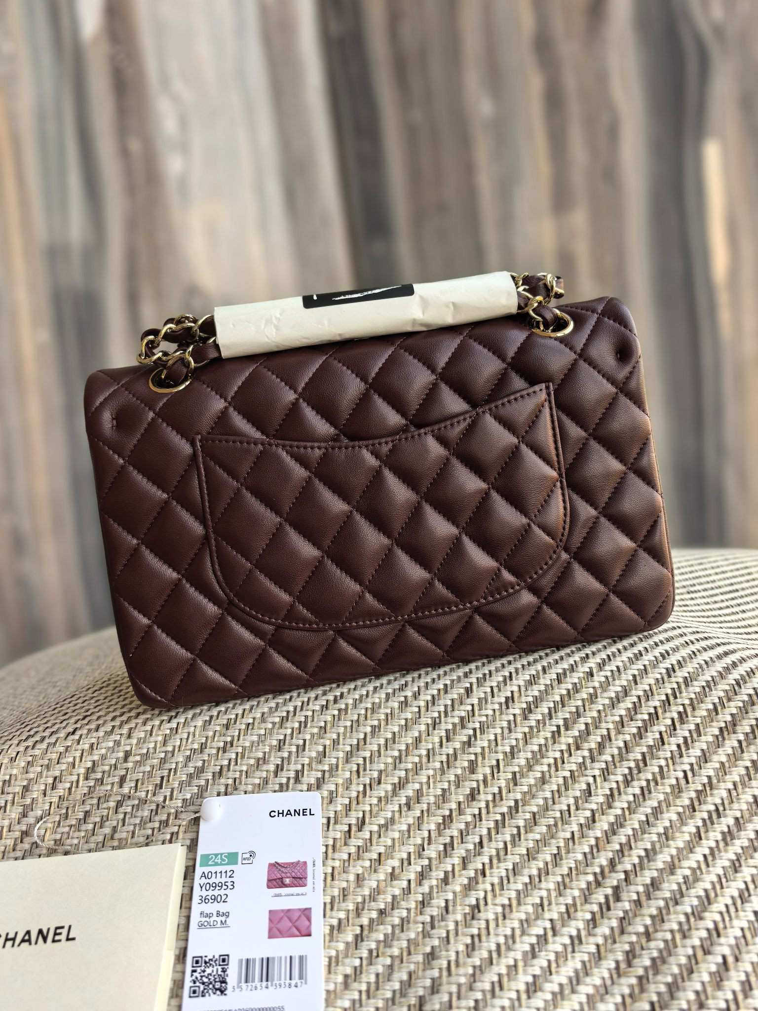 Ch*el classic flap bag chocolate brown with light gold hardware 15.5x25.5x6.5cm