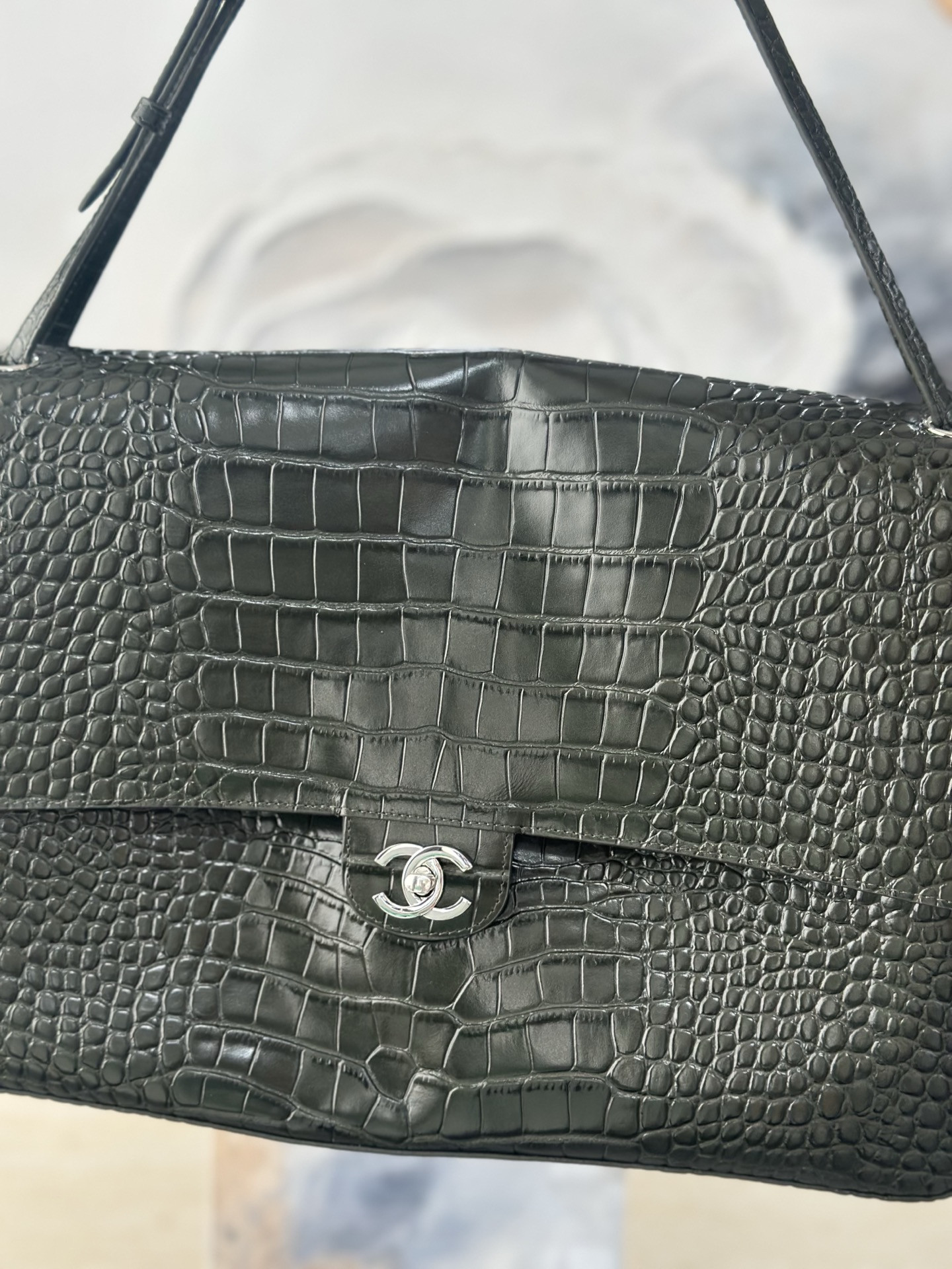 Ch*el maxi flap bag olive green silver hardware as6233 26x38.5x11cm
