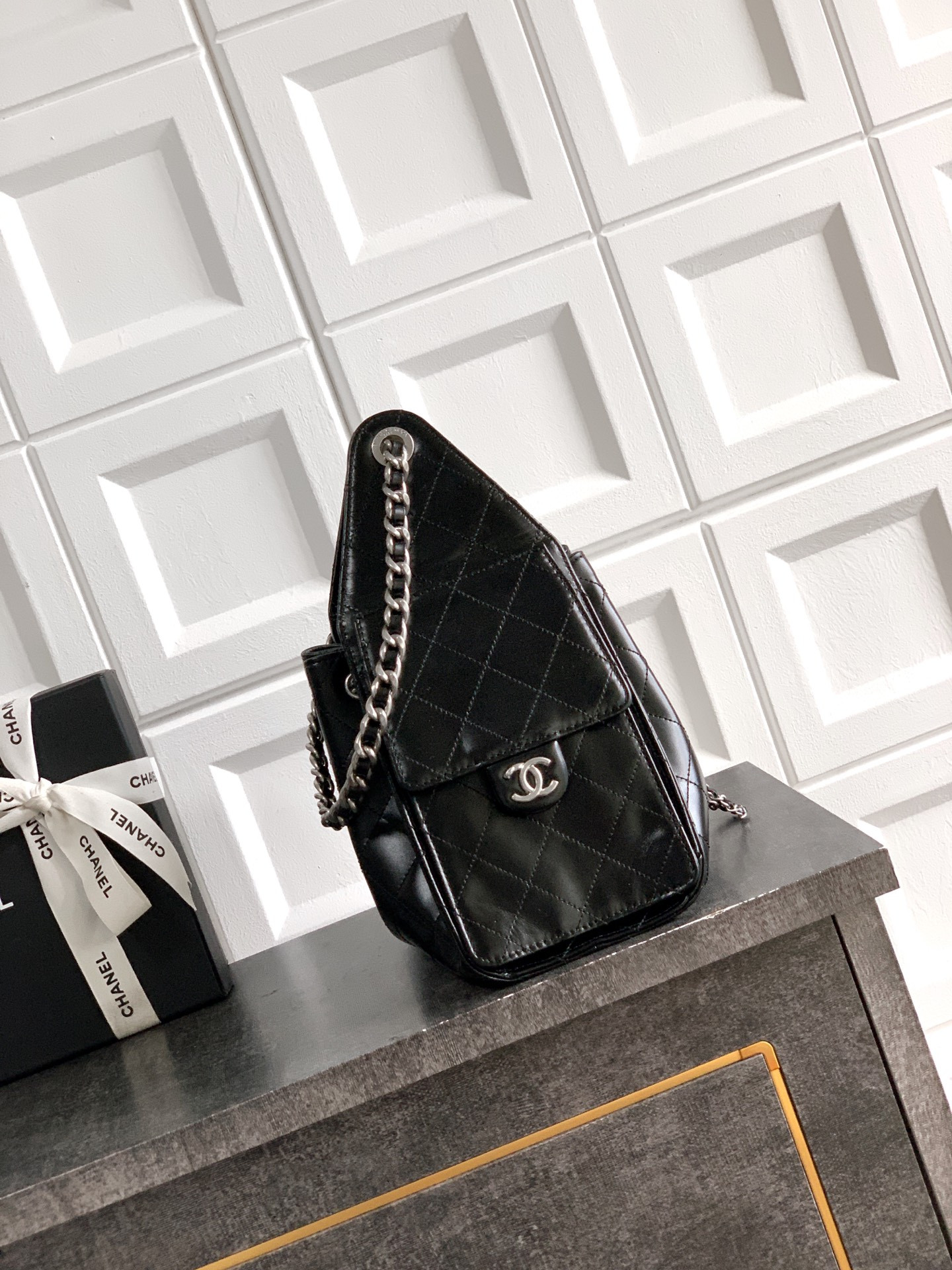 Ch*el 25c bucket bag oil wax leather 30x26x14cm