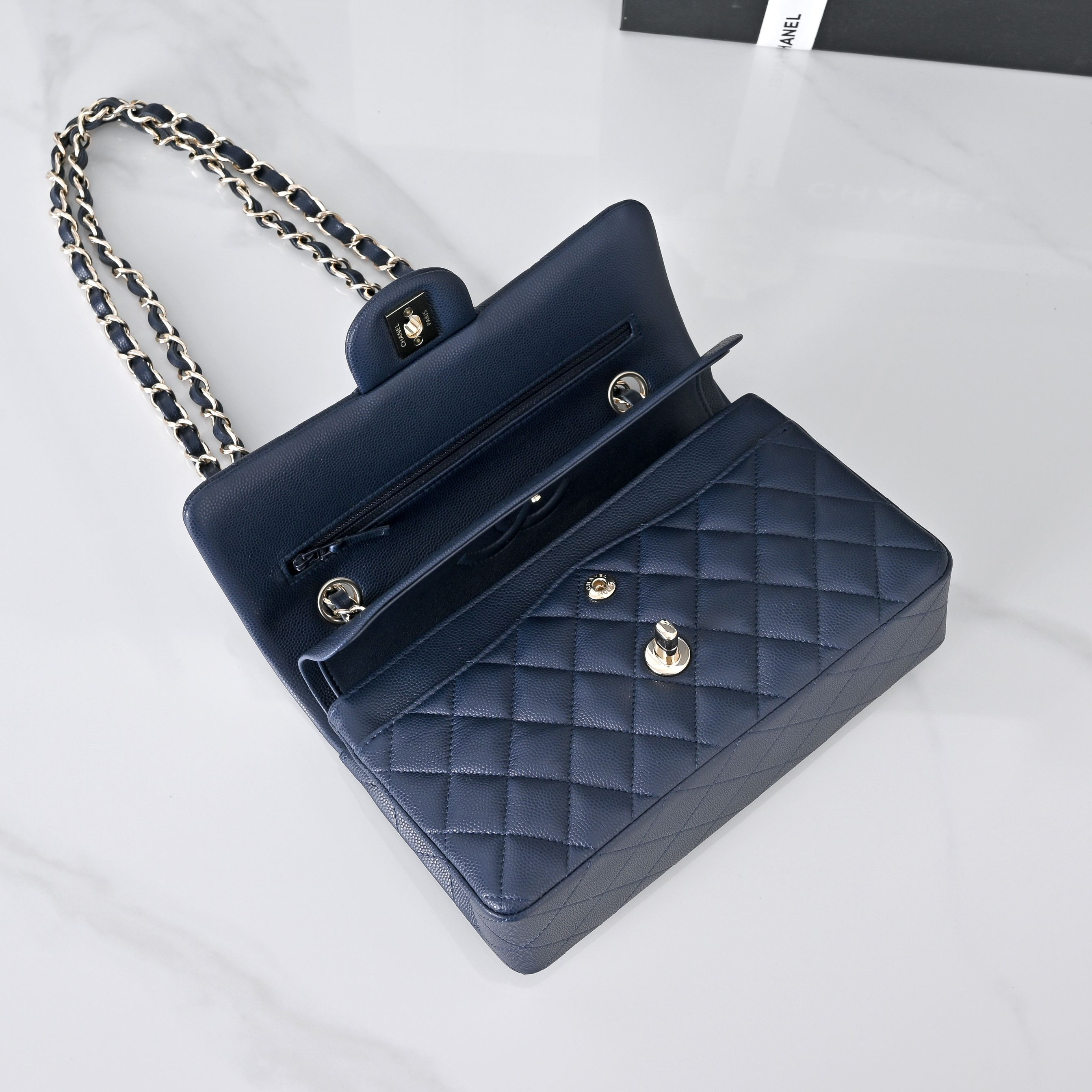 Ch*el classic flap handbag royal blue with light gold hardware and caviar leather a01113 23x14.5x6cm